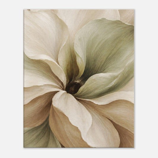 Muted Magnolia canvas wall art with cream, beige and muted green petals around a dark flower centre.