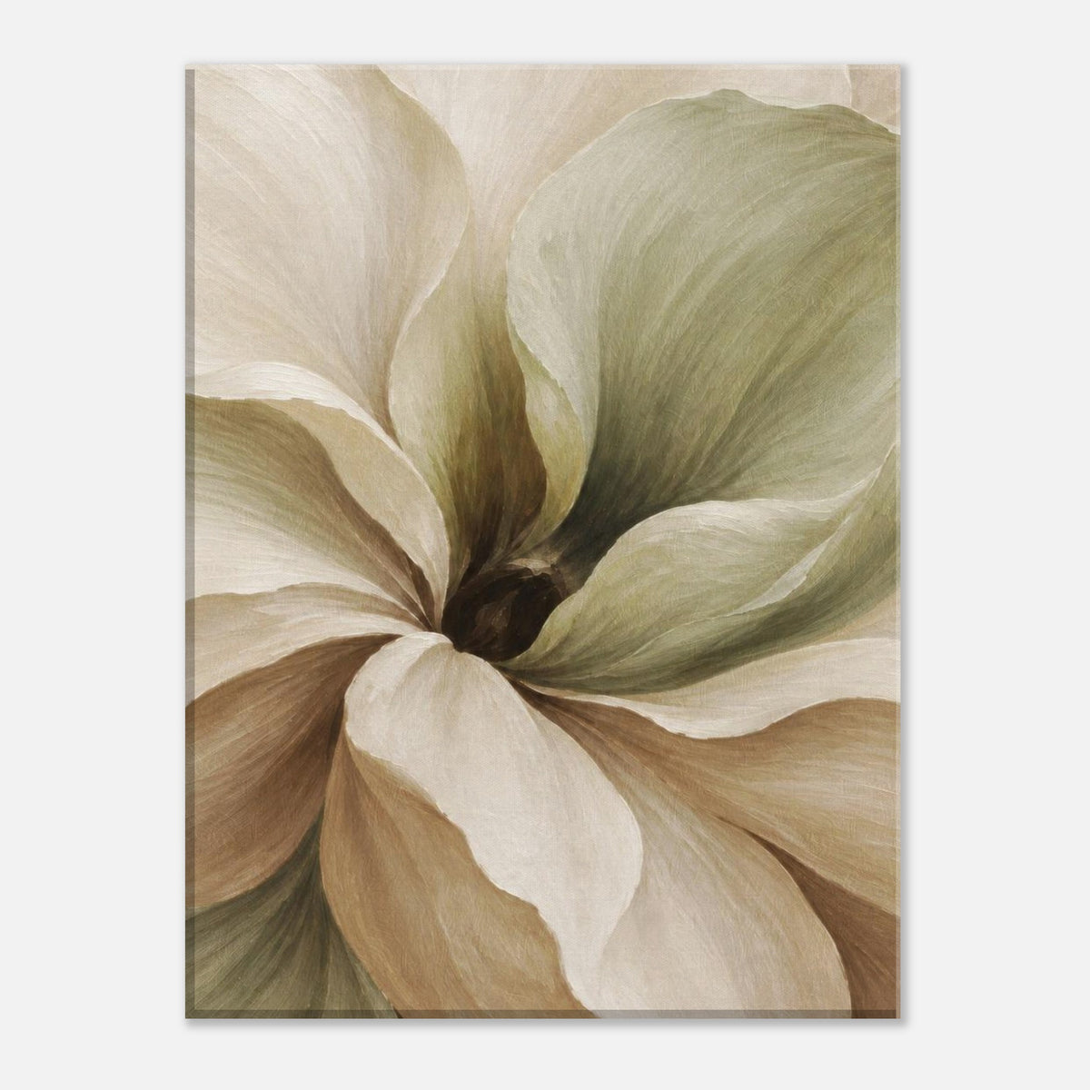 Front view of Muted Magnolia floral canvas with softly layered cream, beige and sage green petals.