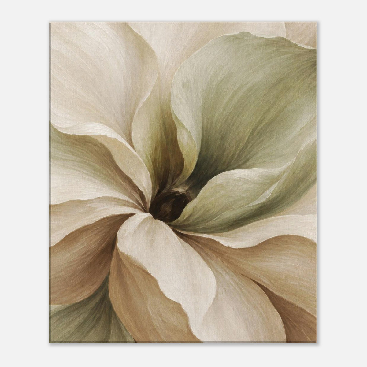 Muted Magnolia floral canvas print showing sweeping cream petals and muted green and taupe shading.