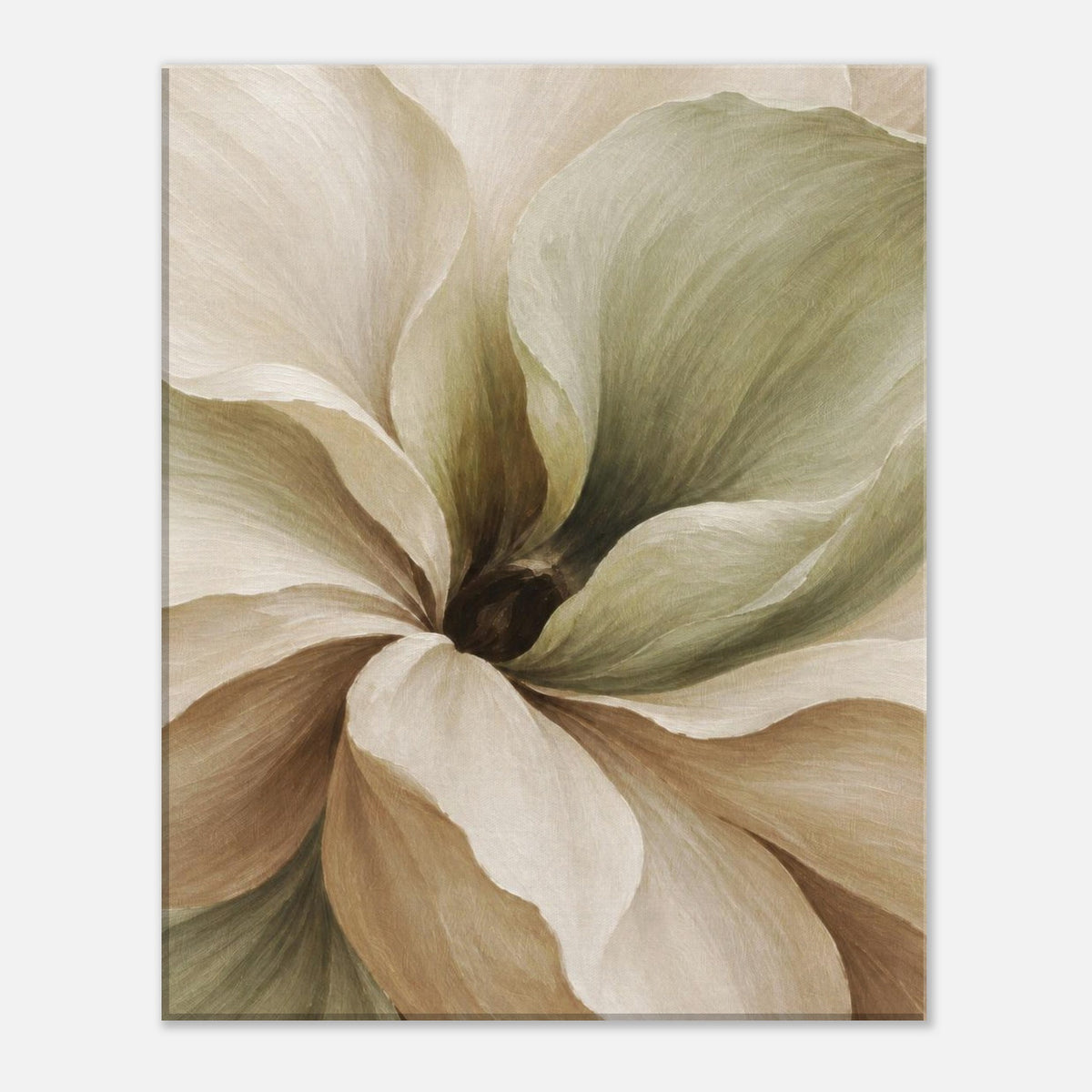 Muted Magnolia canvas print with a close-up flower in cream, beige and soft green tones.