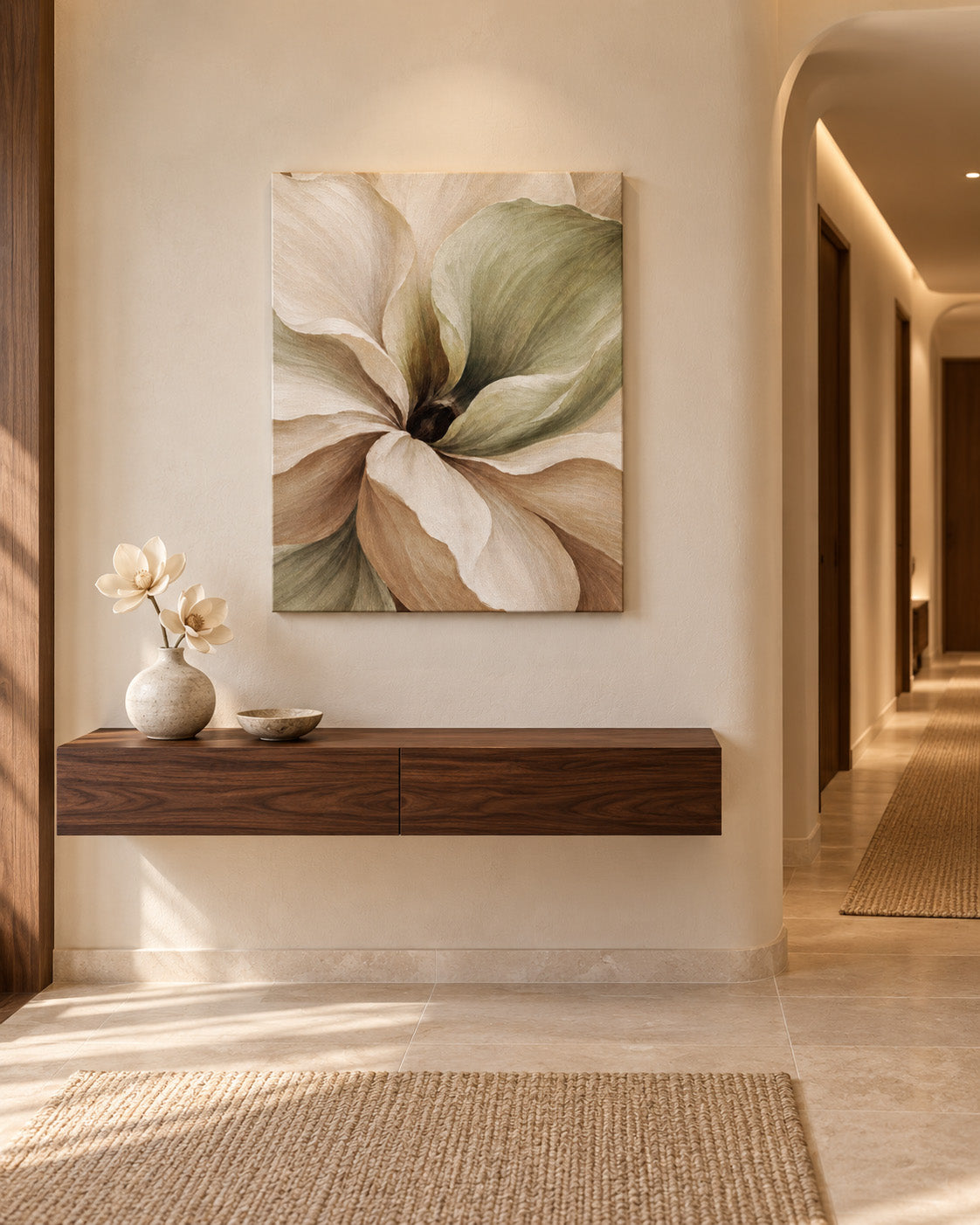 Muted Magnolia floral canvas above a floating dark wood console in a softly lit neutral hallway.