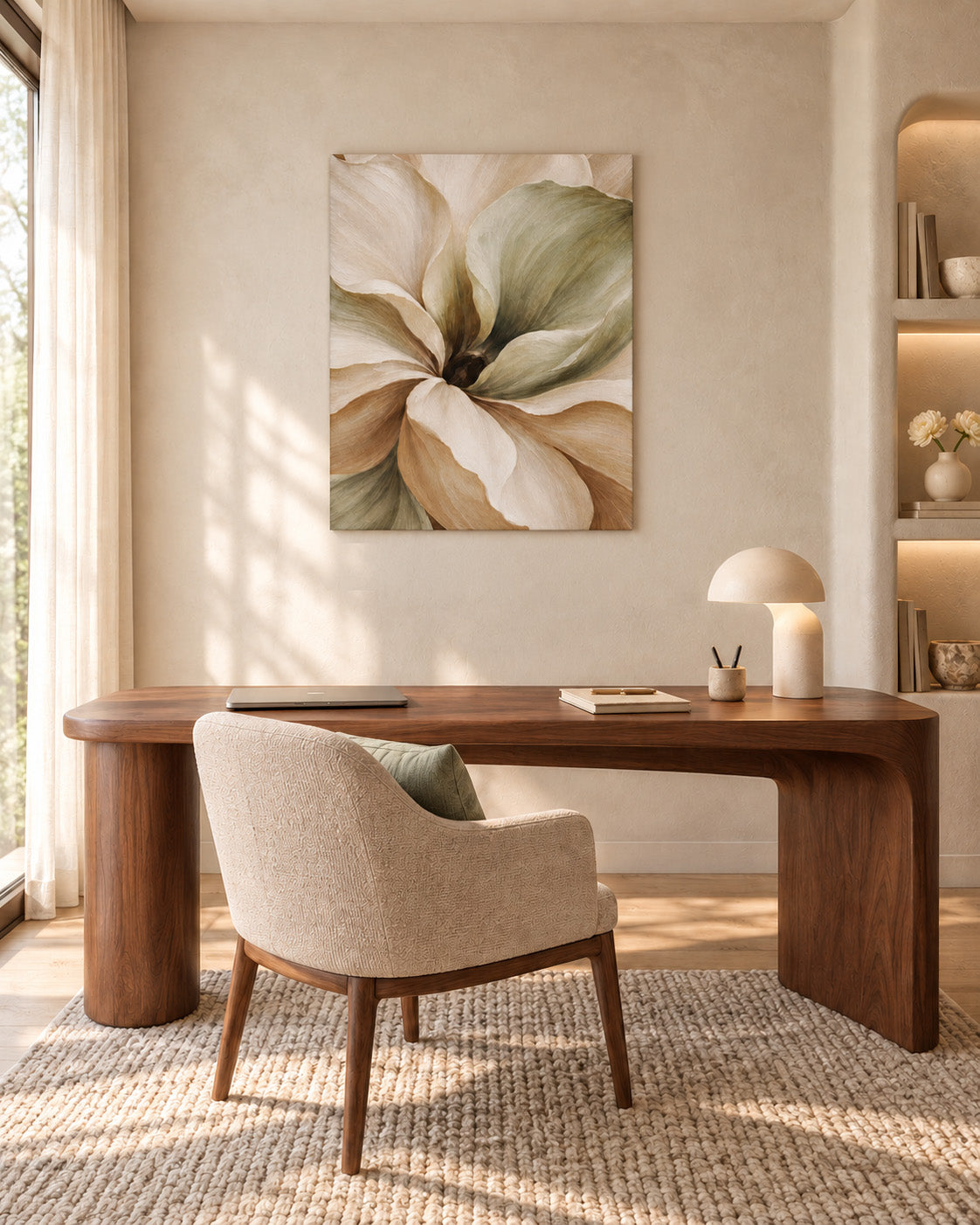 Muted Magnolia floral canvas above a wooden desk with a cream upholstered chair in a softly lit home office.