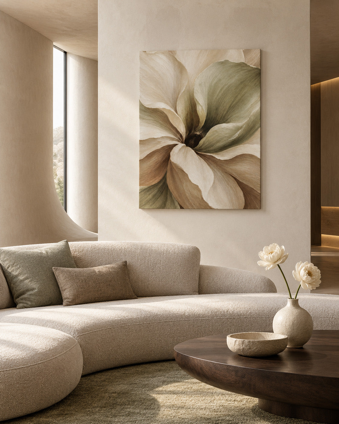Muted Magnolia floral canvas above a curved cream sofa in a warm neutral living room.