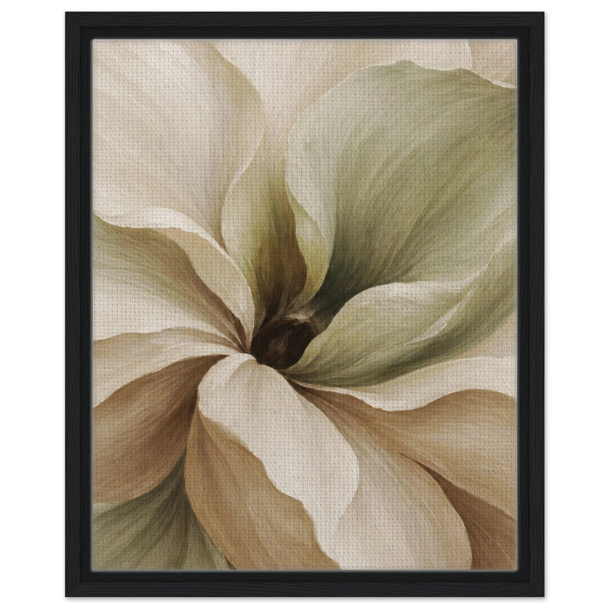 Muted Magnolia floral canvas with cream, beige and sage green petals in a black frame.
