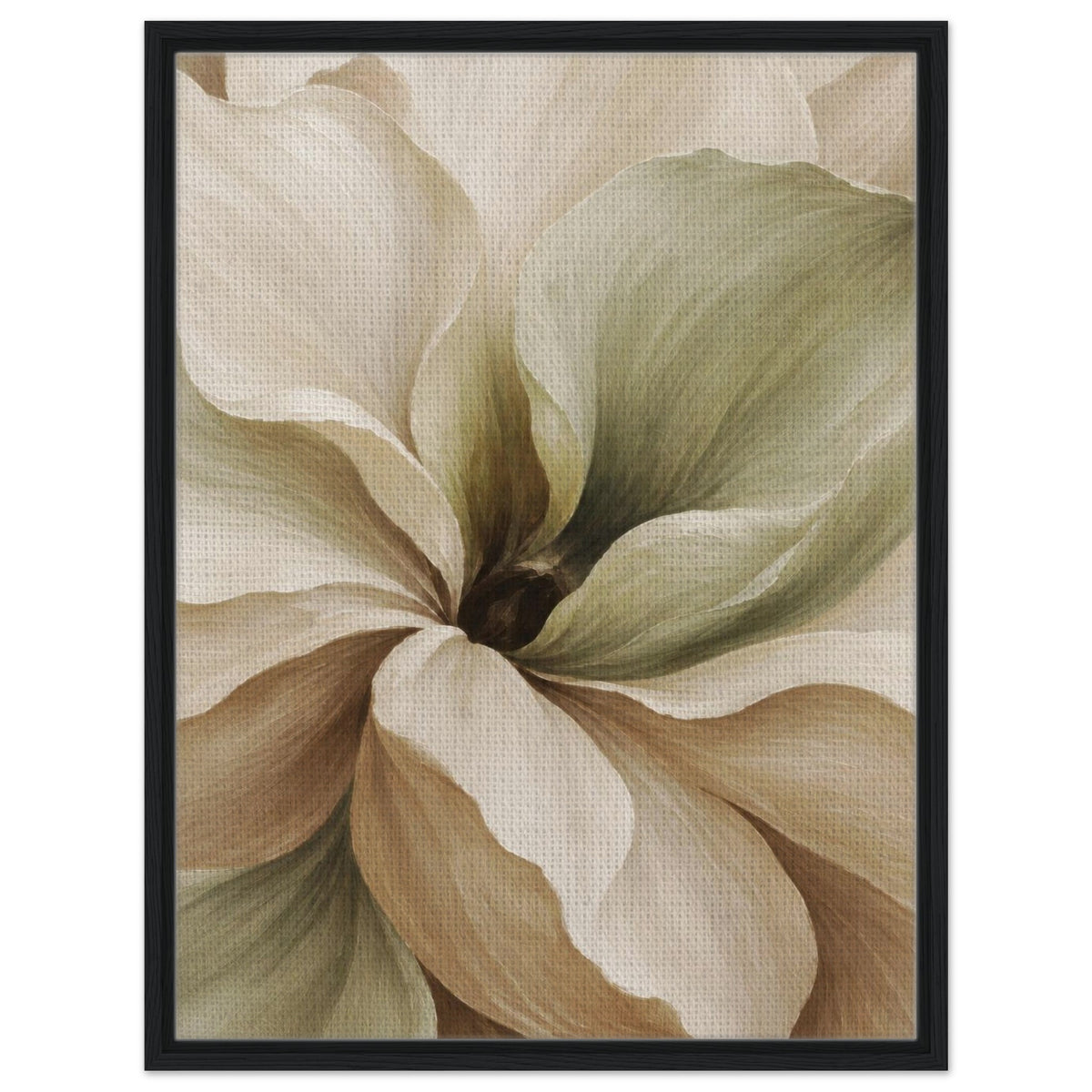 Front view of Muted Magnolia floral canvas with cream, sage green and beige petals in a black frame.