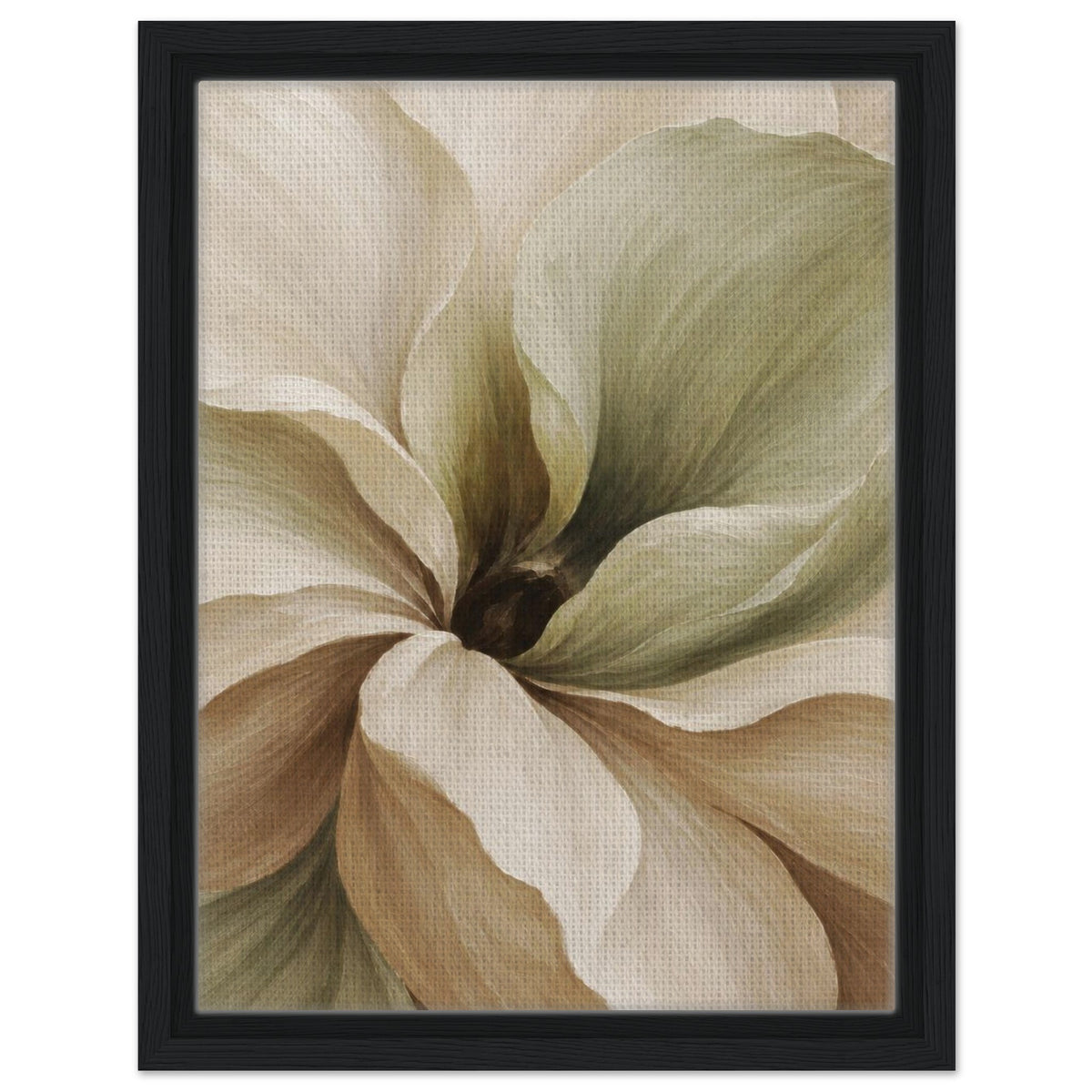 Muted Magnolia canvas print with layered cream and muted green petals around a dark centre, in a black frame.