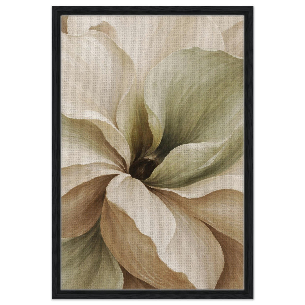 Muted Magnolia floral canvas in a black frame, showing sweeping cream petals with sage green and taupe shading.