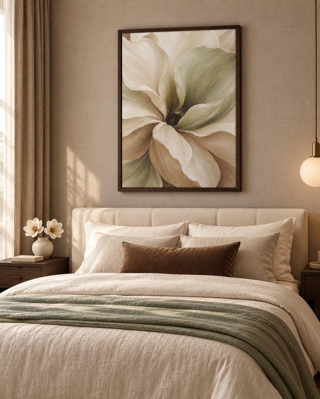 Muted Magnolia canvas in a dark wood frame above an ivory upholstered bed with cream bedding and a sage throw.