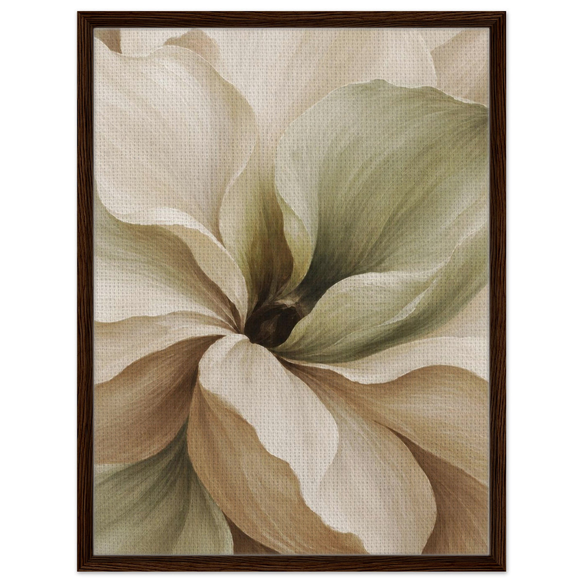 Muted Magnolia floral canvas in a dark wood frame, with cream, beige and muted green petals.