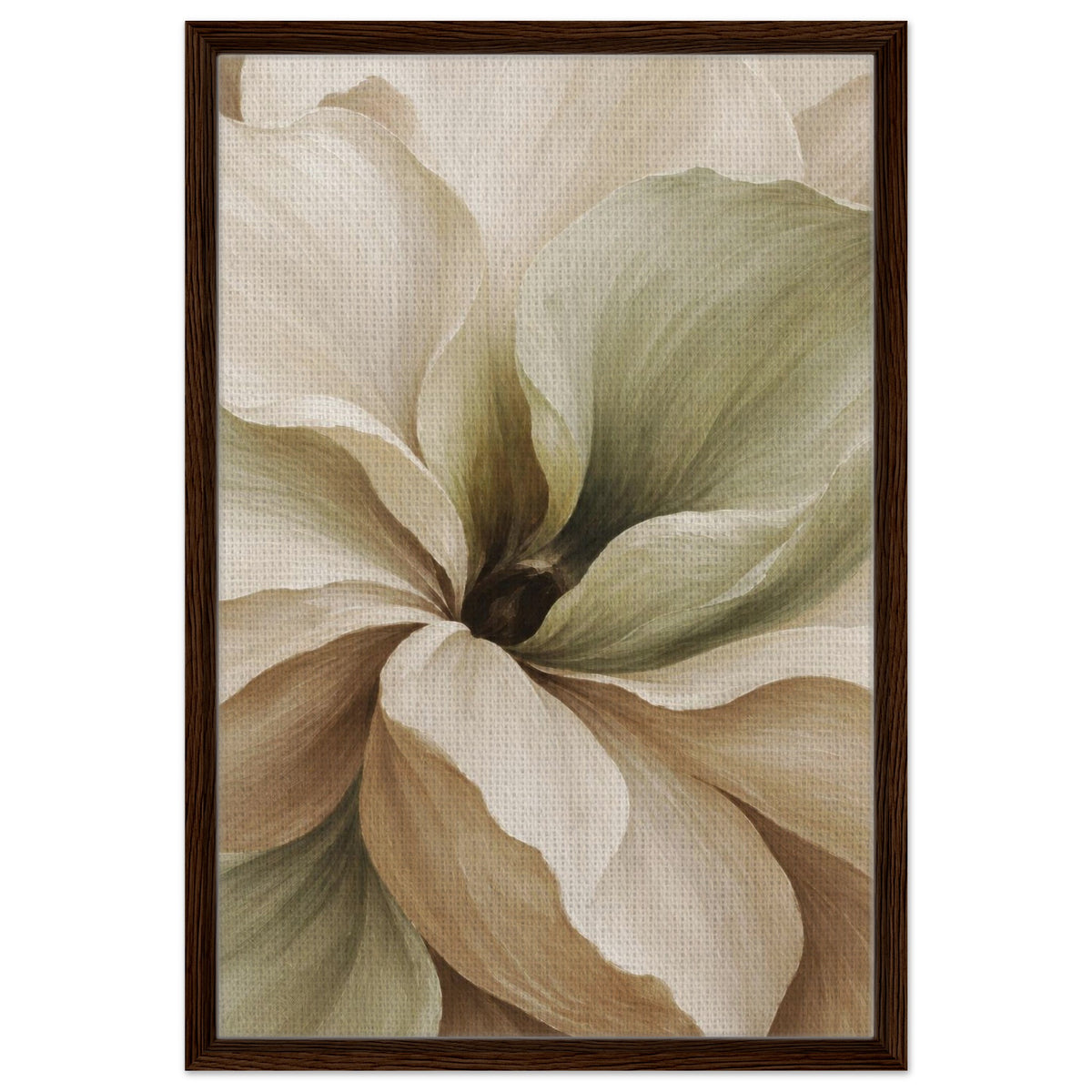 Front view of Muted Magnolia floral canvas with cream, sage green and beige petals in a dark wood frame.
