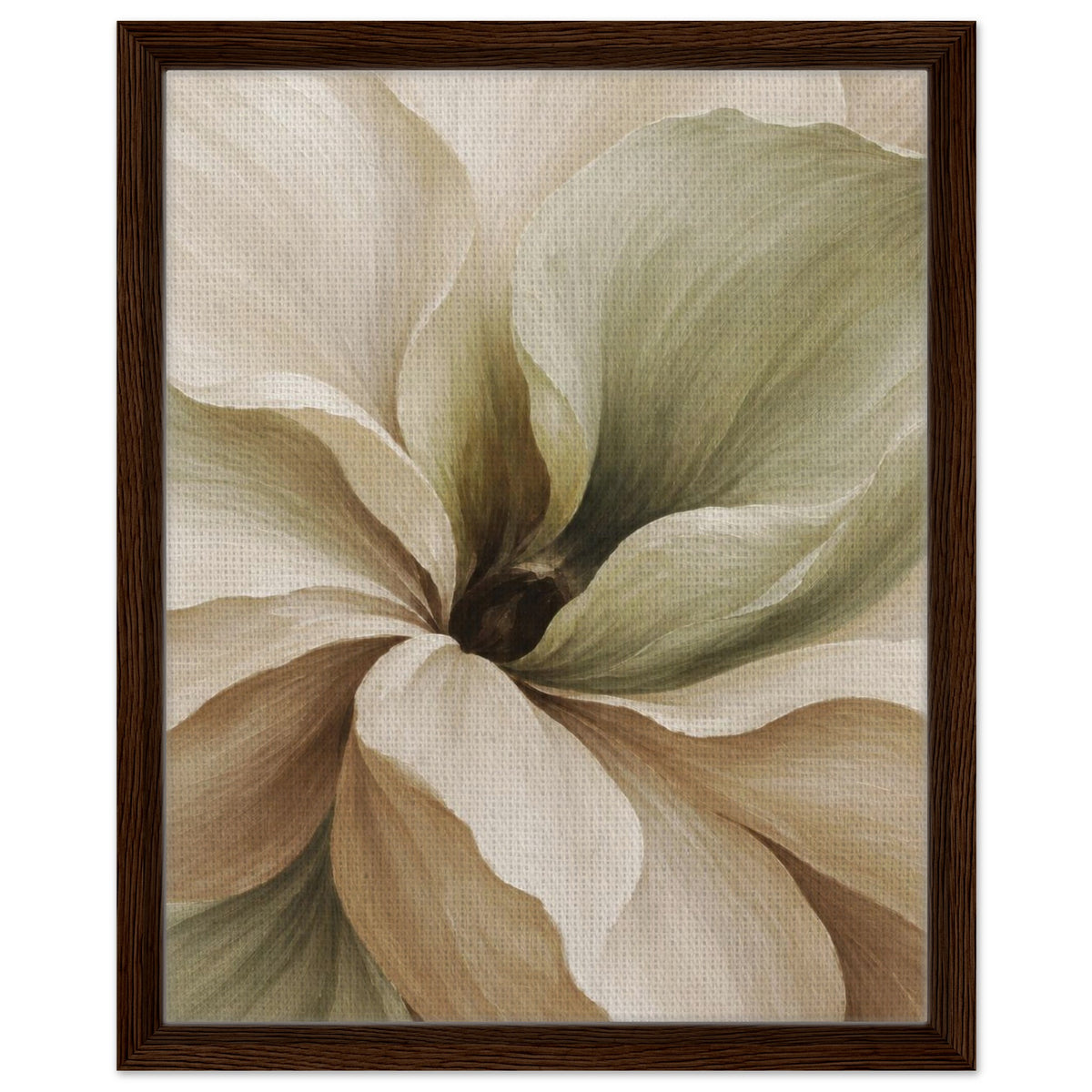 Muted Magnolia canvas print with layered cream and muted green petals around a dark centre, in a dark wood frame.