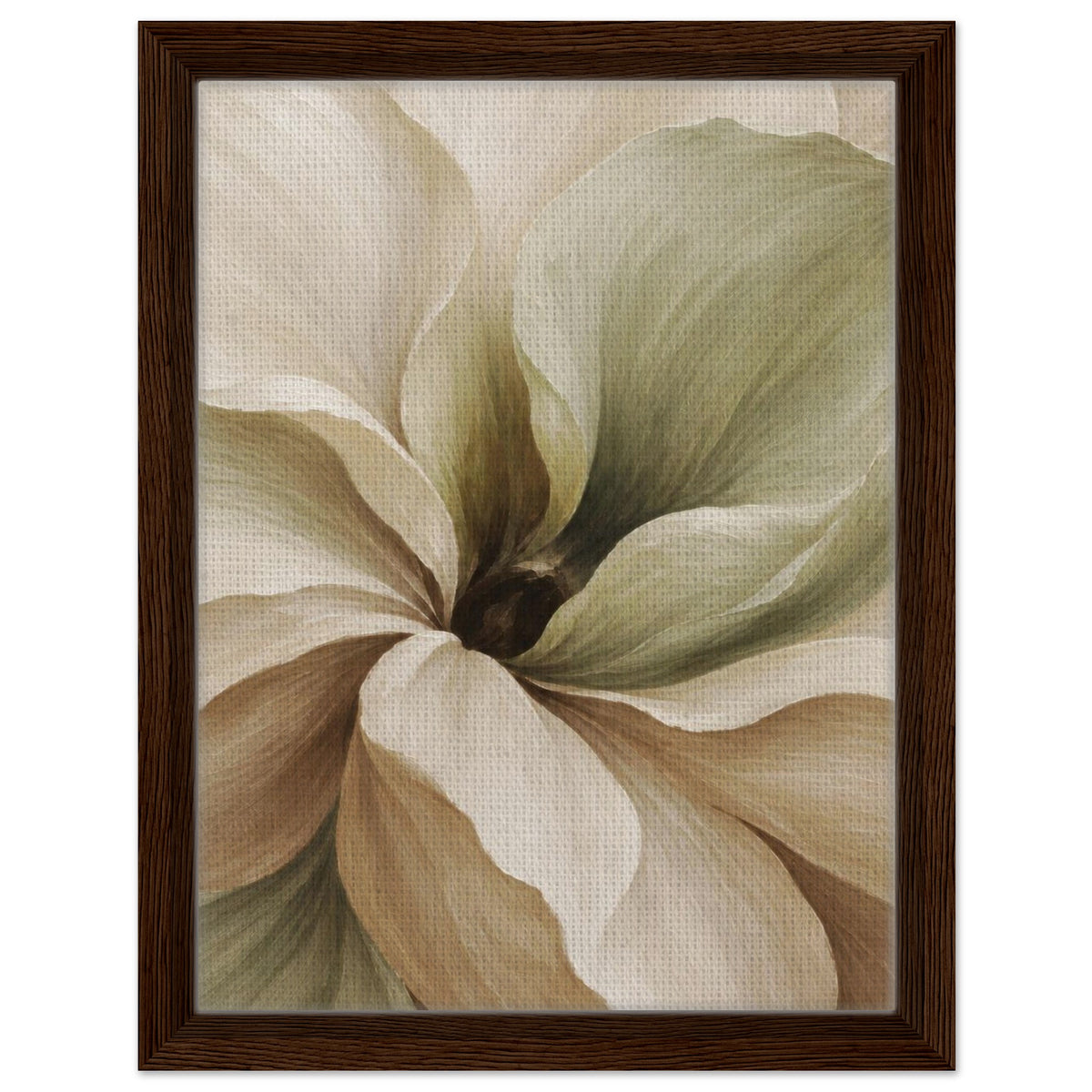 Muted Magnolia floral canvas in a dark wood frame, showing sweeping cream petals with sage green and taupe shading.