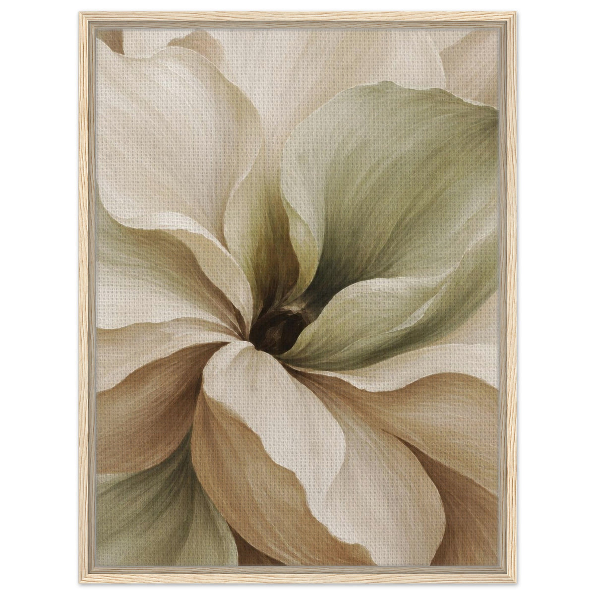 Muted Magnolia floral canvas in a light wood frame, with cream, beige and muted green petals.