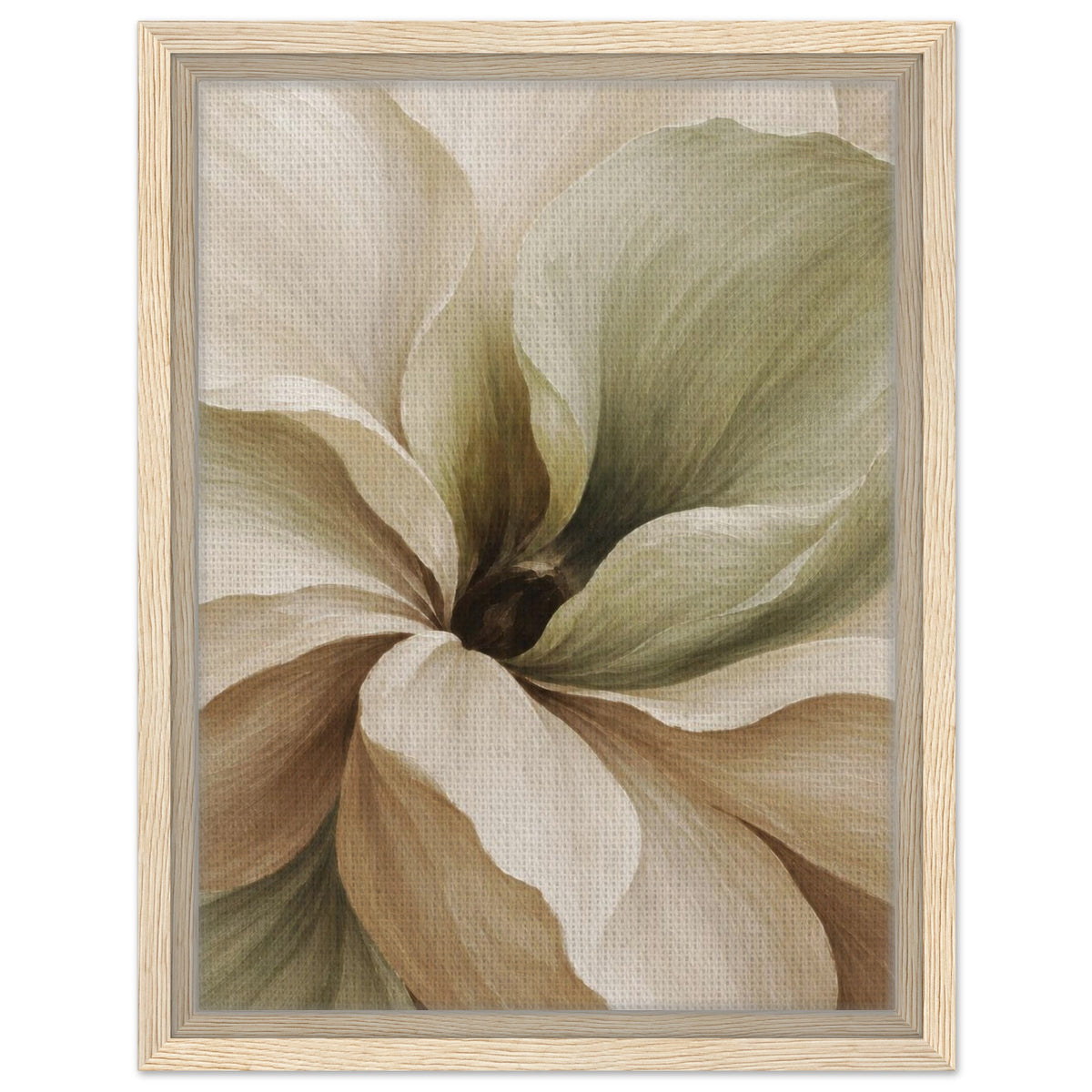 Muted Magnolia canvas print with layered cream and muted green petals around a dark centre, in a light wood frame.