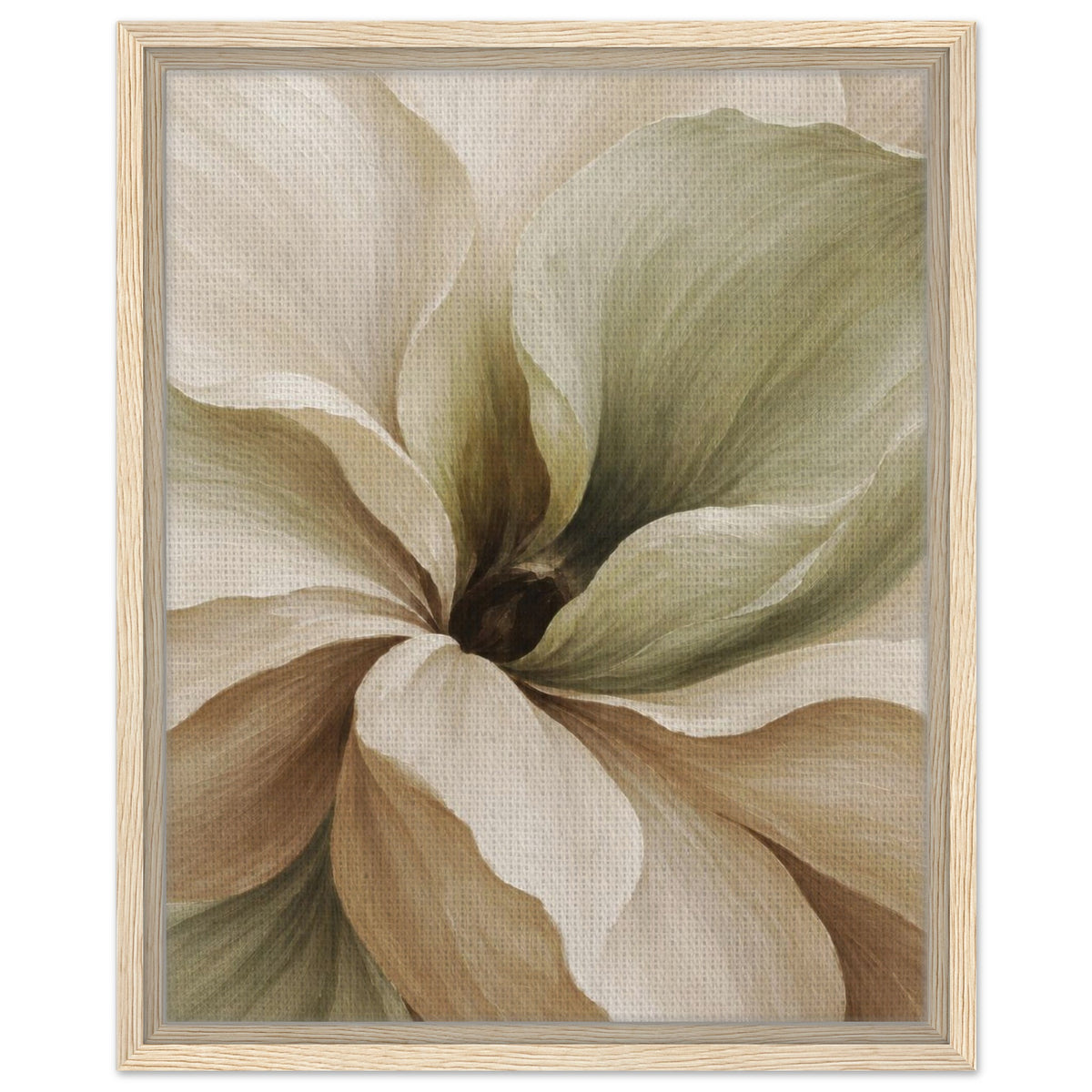 Muted Magnolia floral canvas in a light wood frame, showing sweeping cream petals with sage green and taupe shading.
