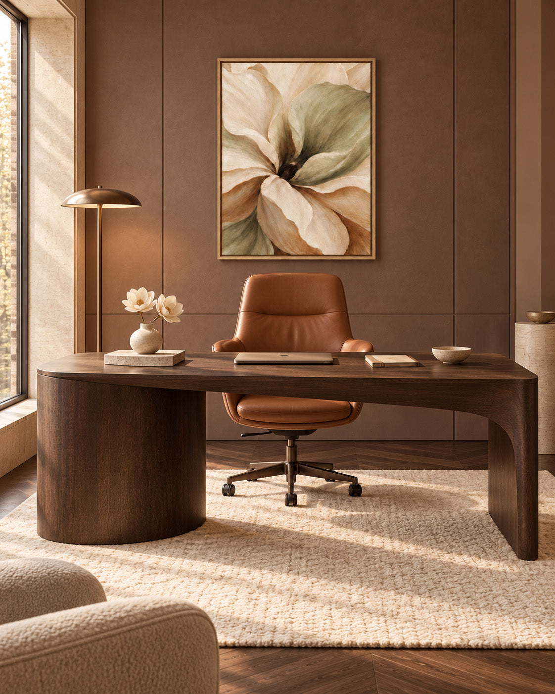 Muted Magnolia canvas in a light wood frame behind a brown leather office chair and freestanding wooden desk.