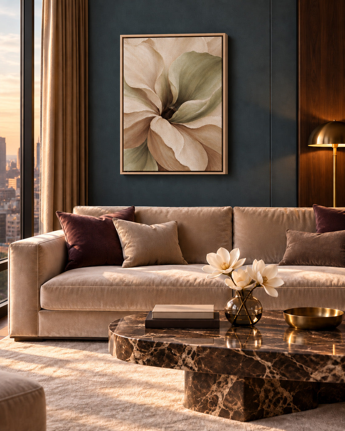 Muted Magnolia canvas in a light wood frame above a beige sofa, with a dark blue wall and marble coffee table.