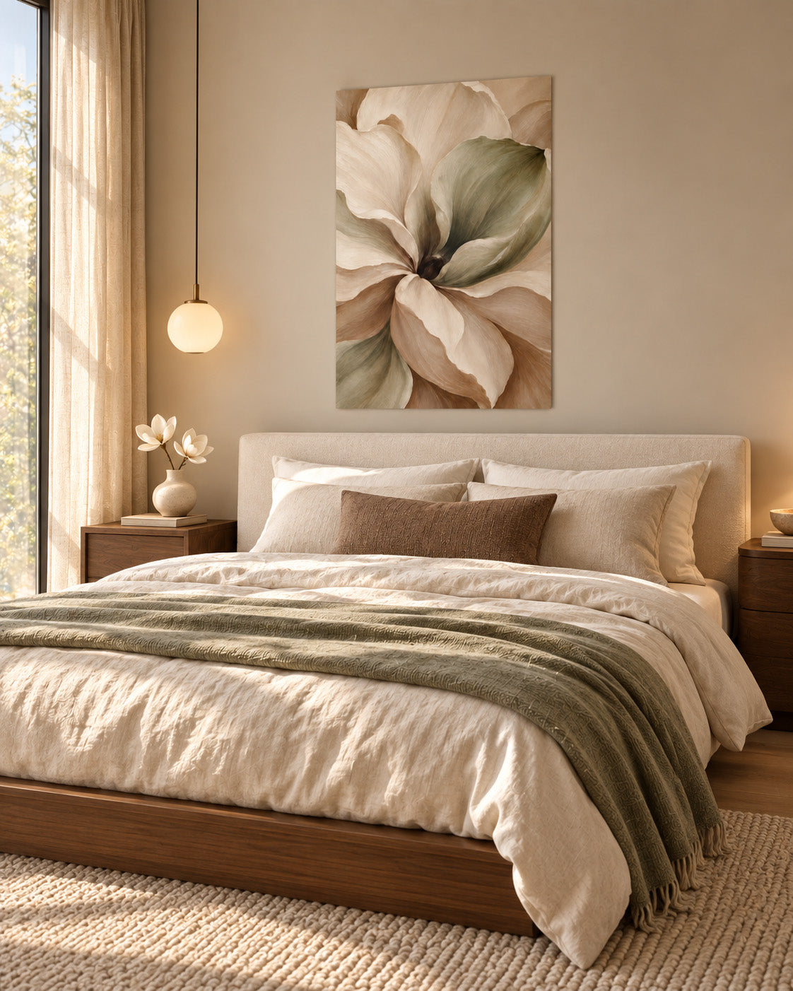 Muted Magnolia unframed poster above an ivory upholstered bed with cream bedding and a sage green throw.