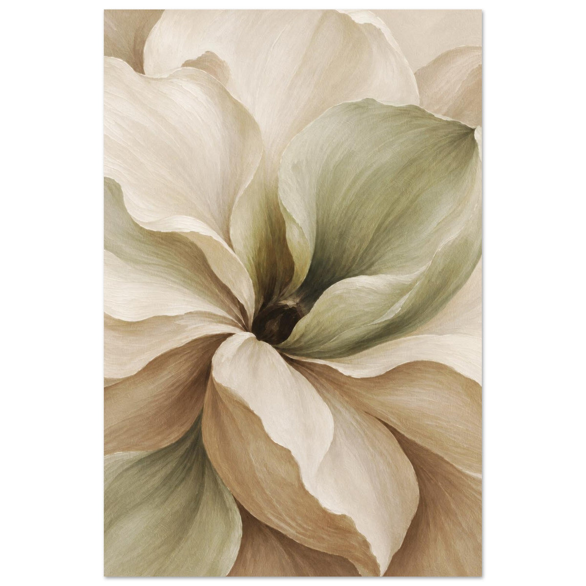 Muted Magnolia unframed floral poster with cream, beige and muted green petals around a dark flower centre.