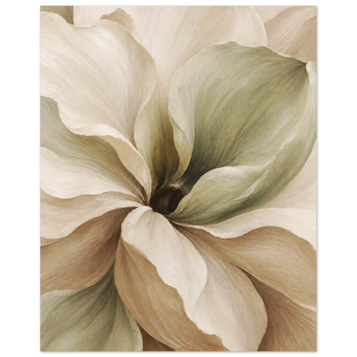 Front view of Muted Magnolia unframed poster with softly layered cream, beige and sage green flower petals.