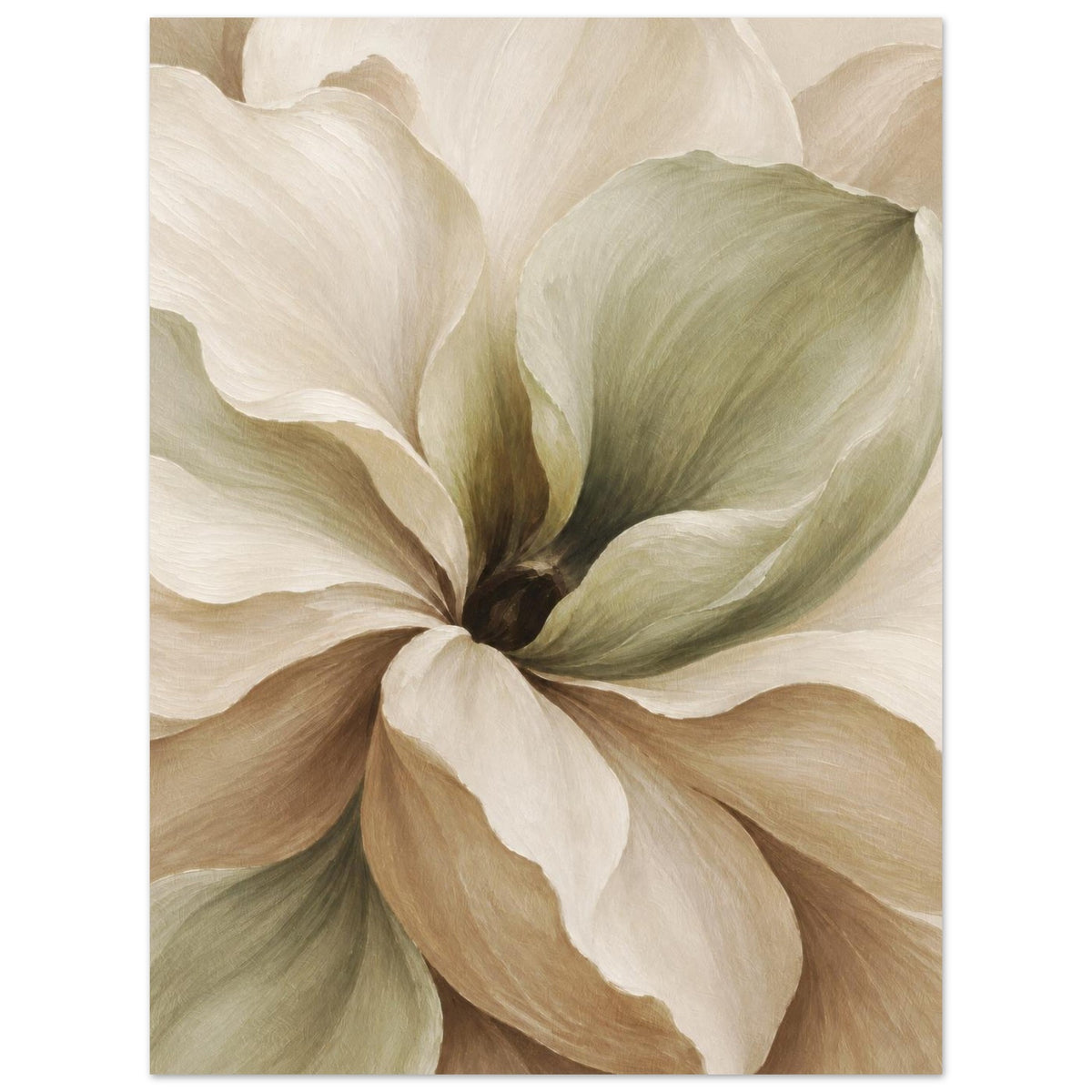 Muted Magnolia unframed floral art print showing sweeping cream petals with muted green and taupe shading.