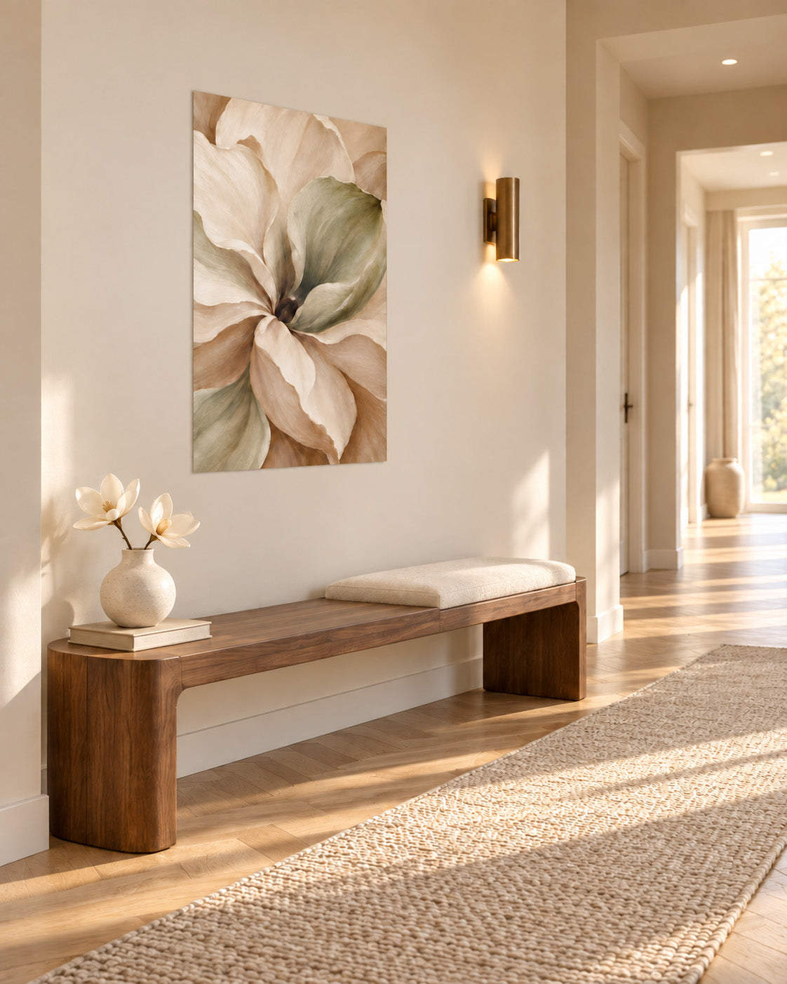 Muted Magnolia unframed poster above a wooden bench in a sunlit hallway with a woven runner and white flowers.