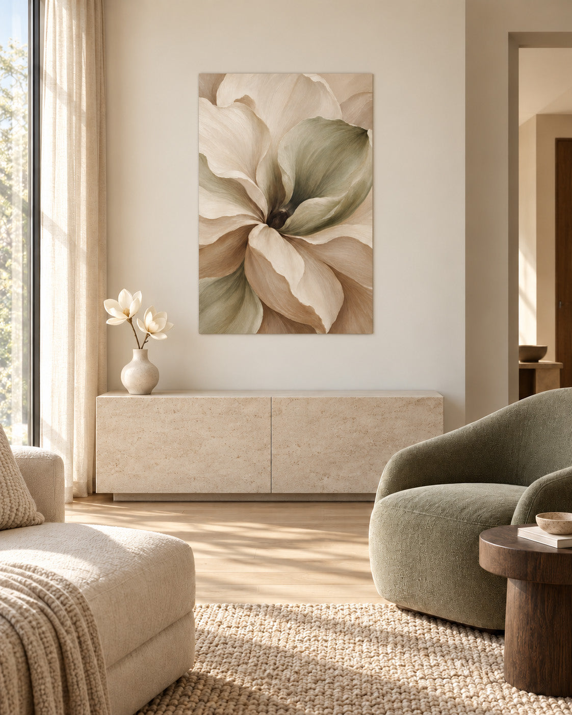 Muted Magnolia unframed poster above a pale stone cabinet in a bright living room with a sage green armchair.