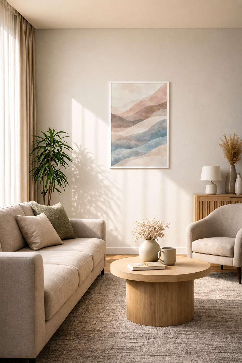 Minimal neutral living room with beige sofa, wooden coffee table and pastel abstract canvas wall art in blush blue tones.