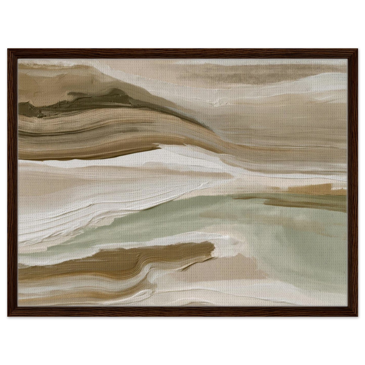 Nature inspired abstract artwork in sage green and warm neutrals with dark wood frame
