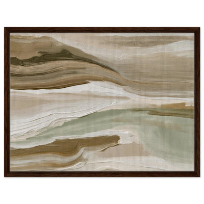Nature inspired abstract artwork in sage green and warm neutrals with dark wood frame