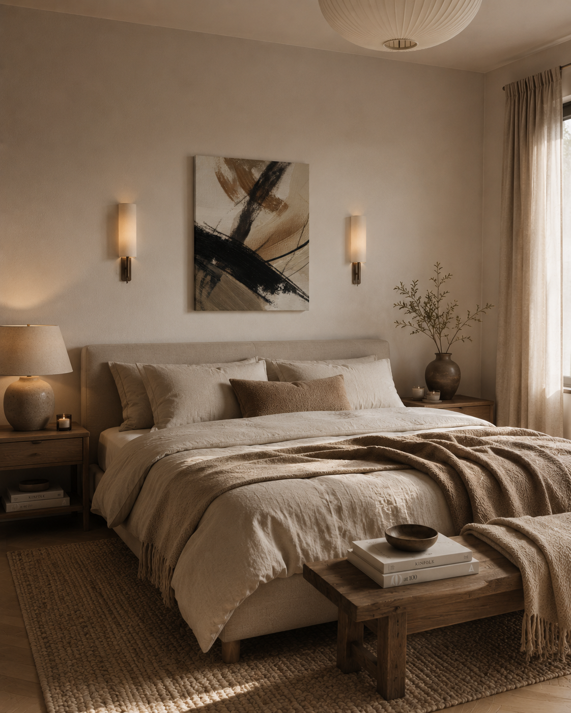 Neutral textured abstract canvas above a bed in a cozy minimalist bedroom.