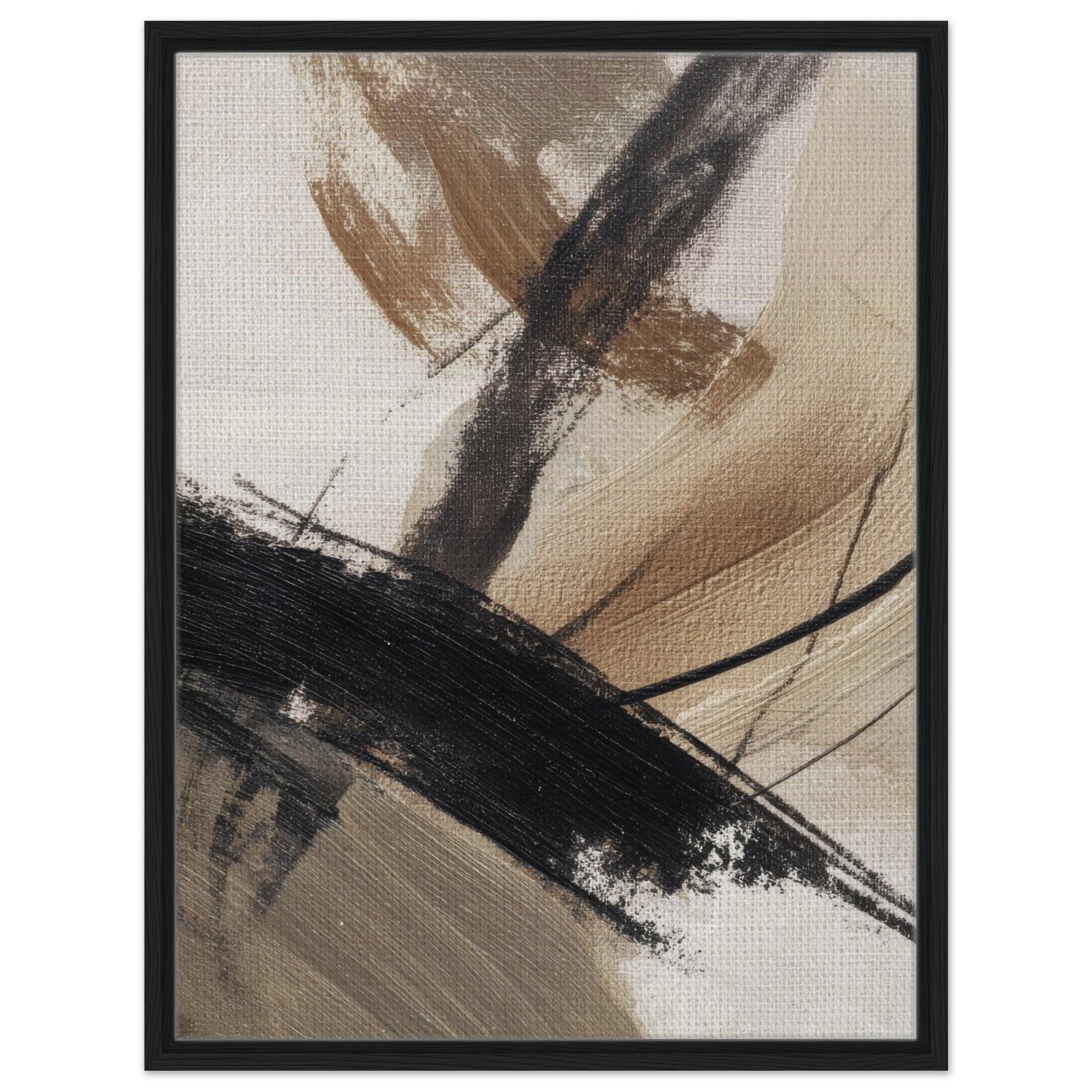 Neutral abstract canvas print with expressive black and beige brushstrokes in black frame