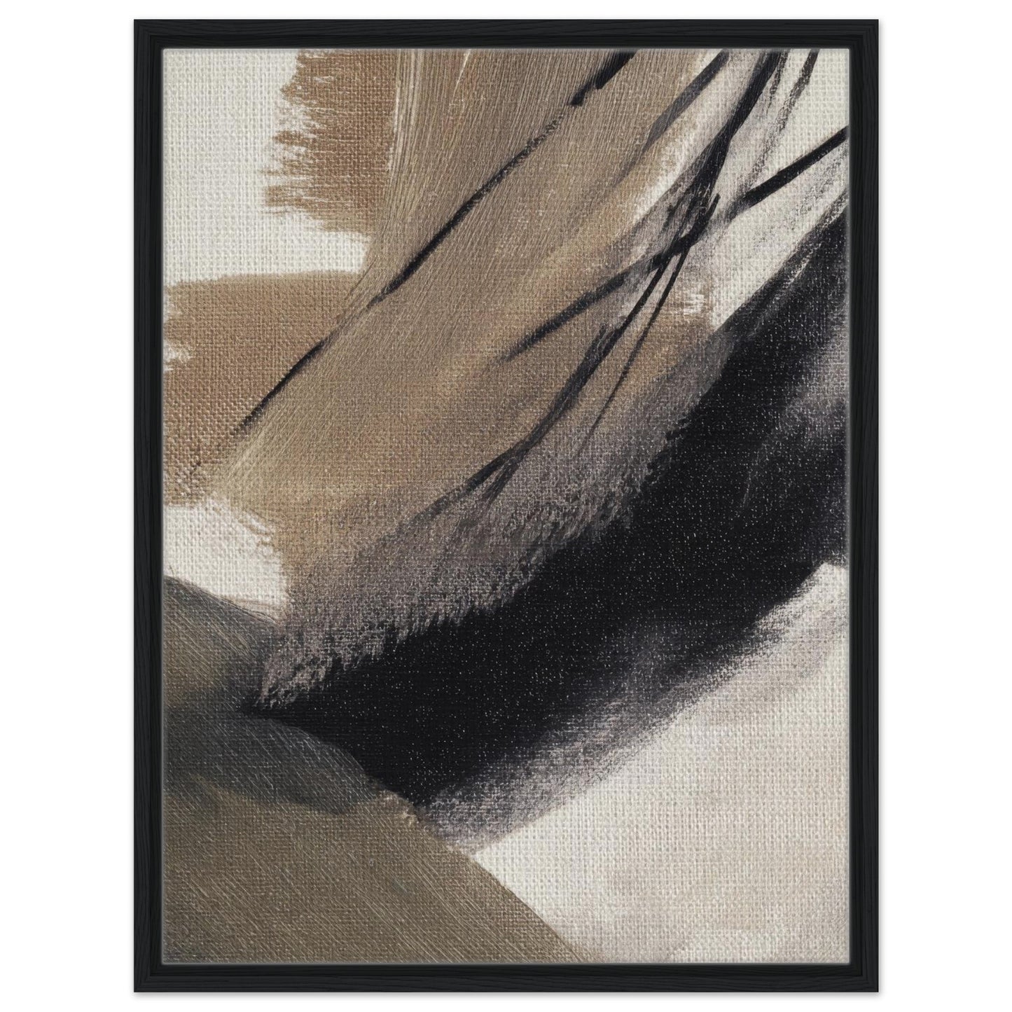Neutral abstract canvas print with beige, black and taupe brushstrokes in black frame