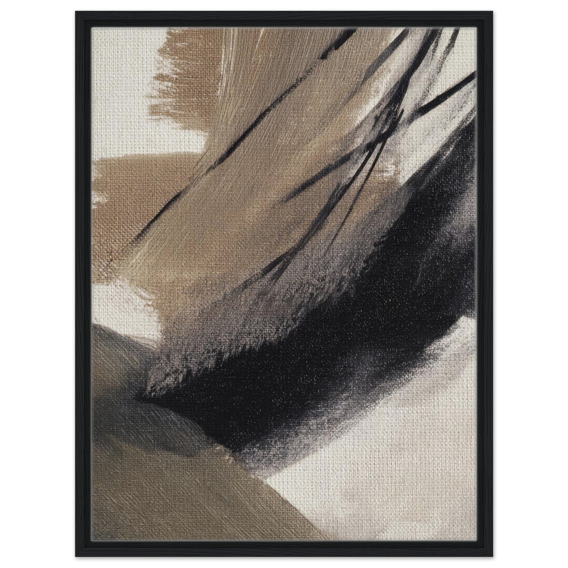 Neutral abstract canvas print with beige, black and taupe brushstrokes in black frame