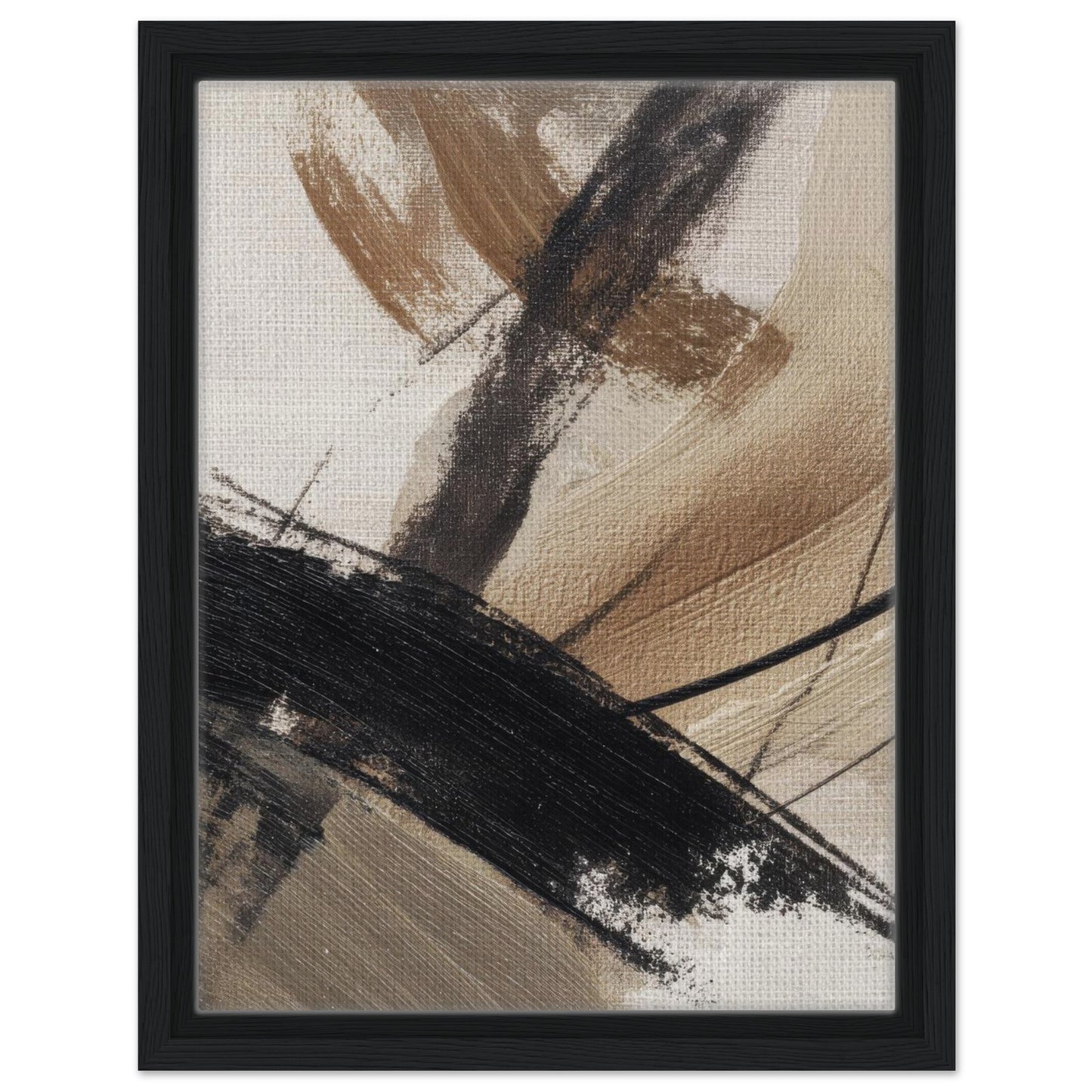 Neutral abstract canvas wall art in a black wood frame