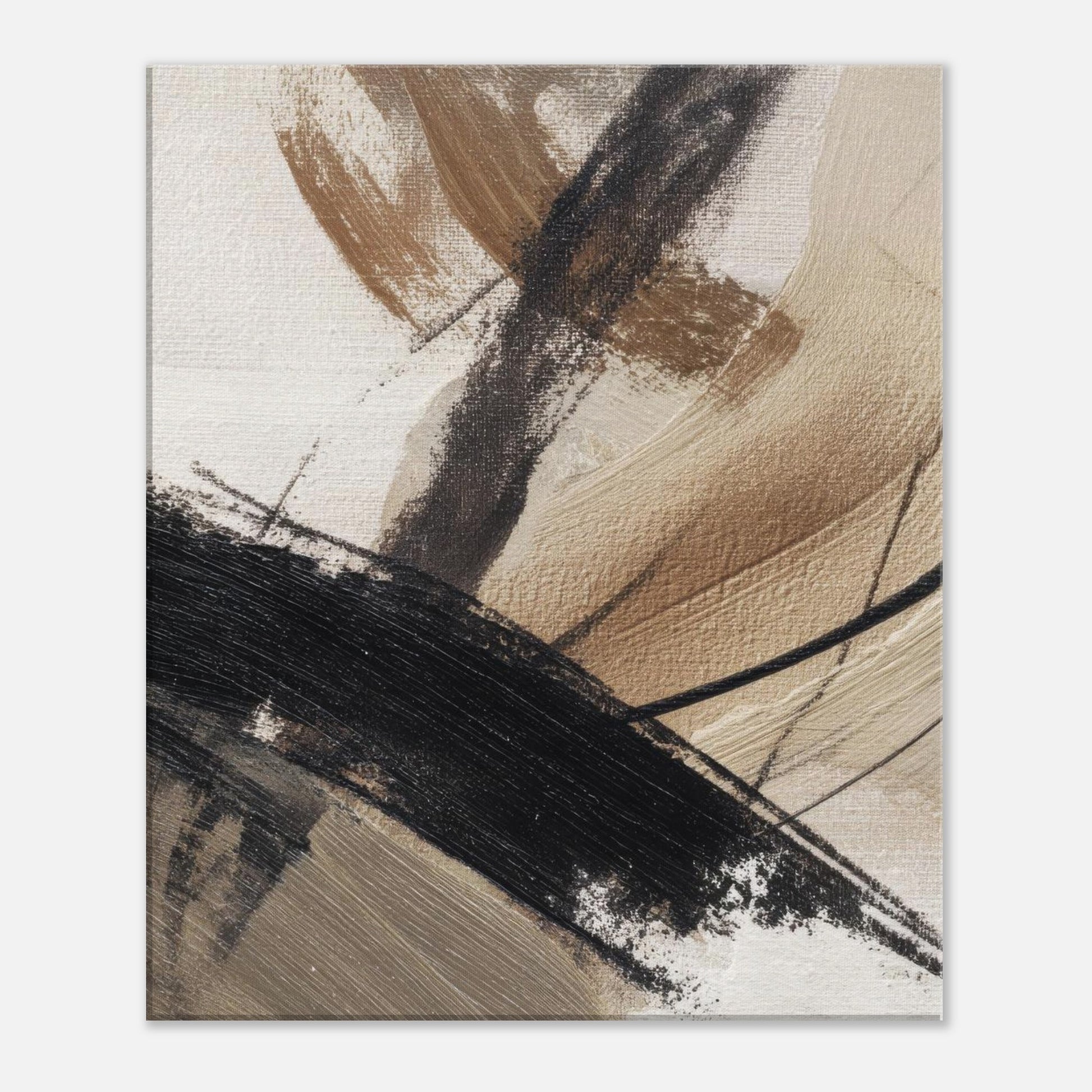 Close-up of textured abstract canvas artwork with layered brushstrokes in warm neutral tones.