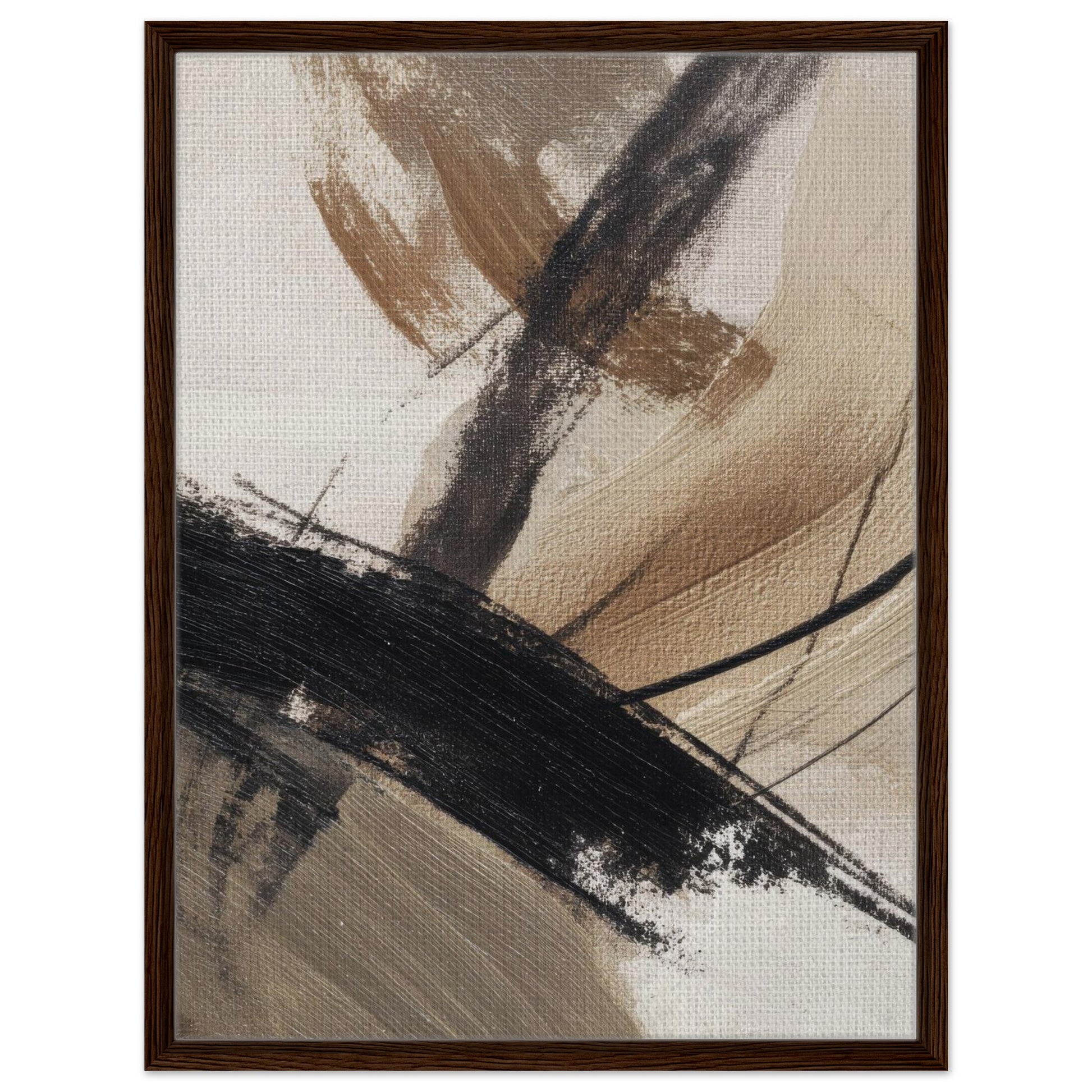 Neutral abstract canvas wall art in dark walnut frame
