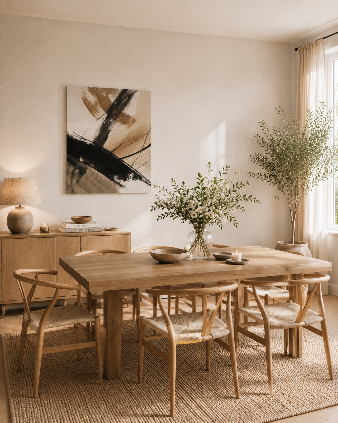 Large neutral abstract canvas displayed in a bright Scandinavian dining room with natural wood furniture
