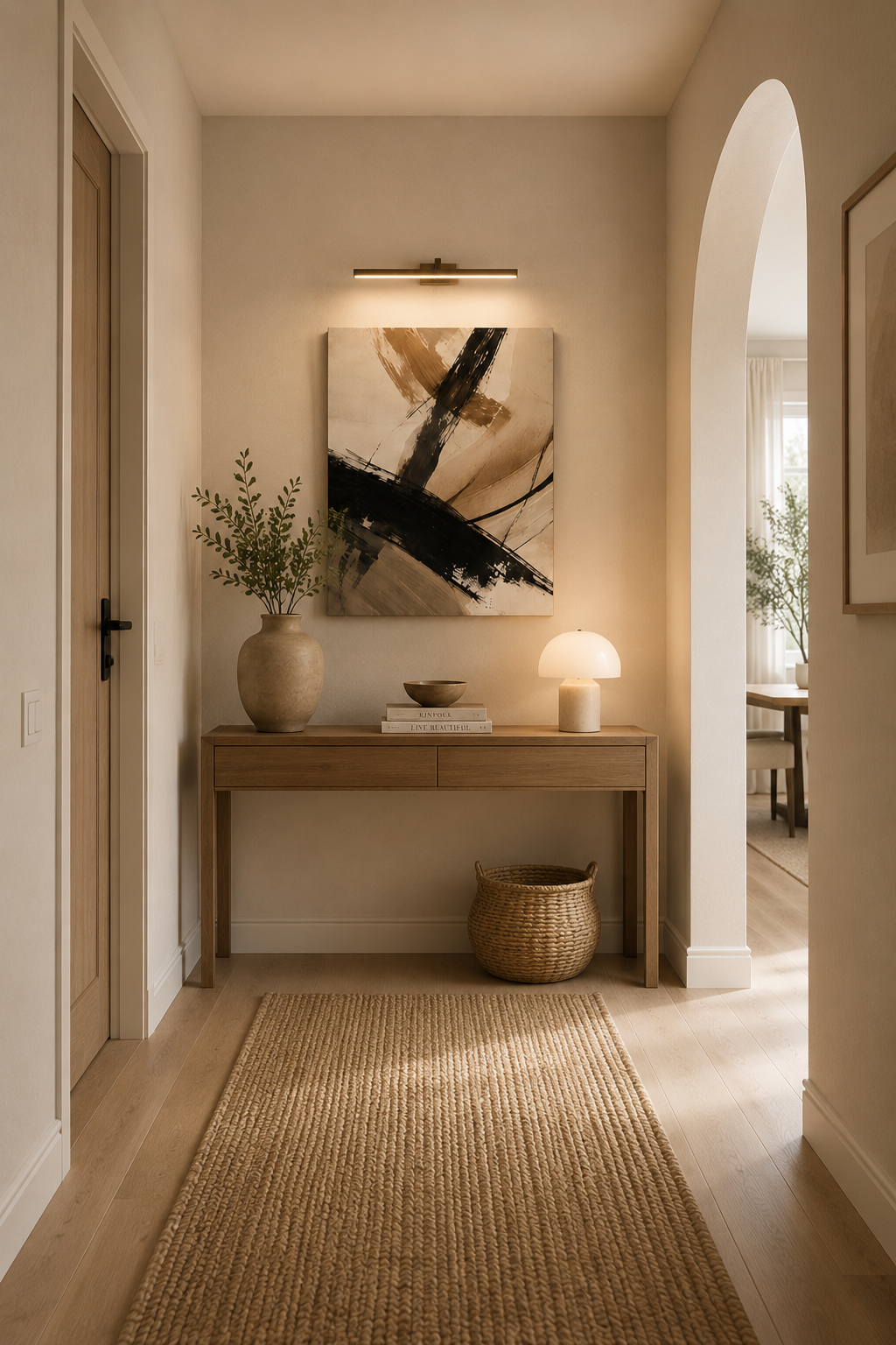 Neutral abstract canvas hanging in a warm minimalist entryway with natural light.