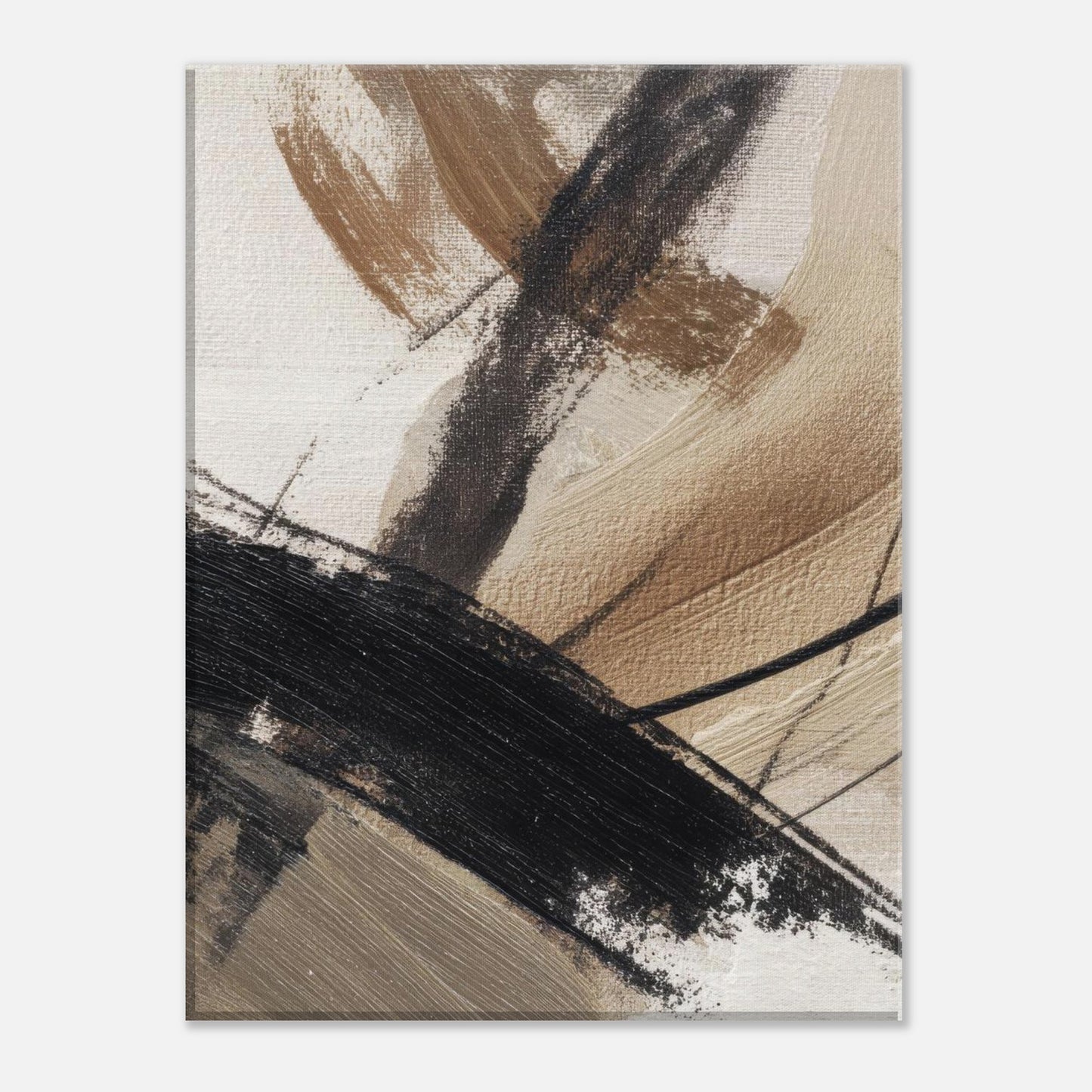 Front view of a textured neutral abstract canvas featuring beige, brown and black brushstrokes.