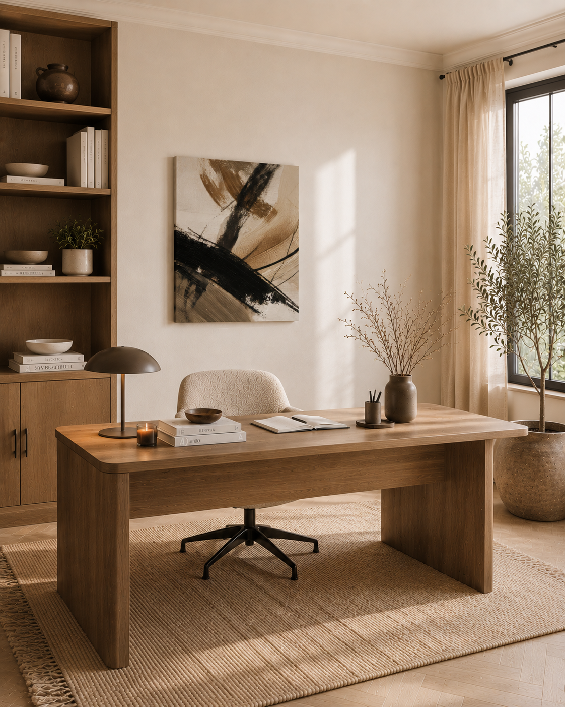 Textured abstract canvas decorating a modern home office with natural wood furniture.