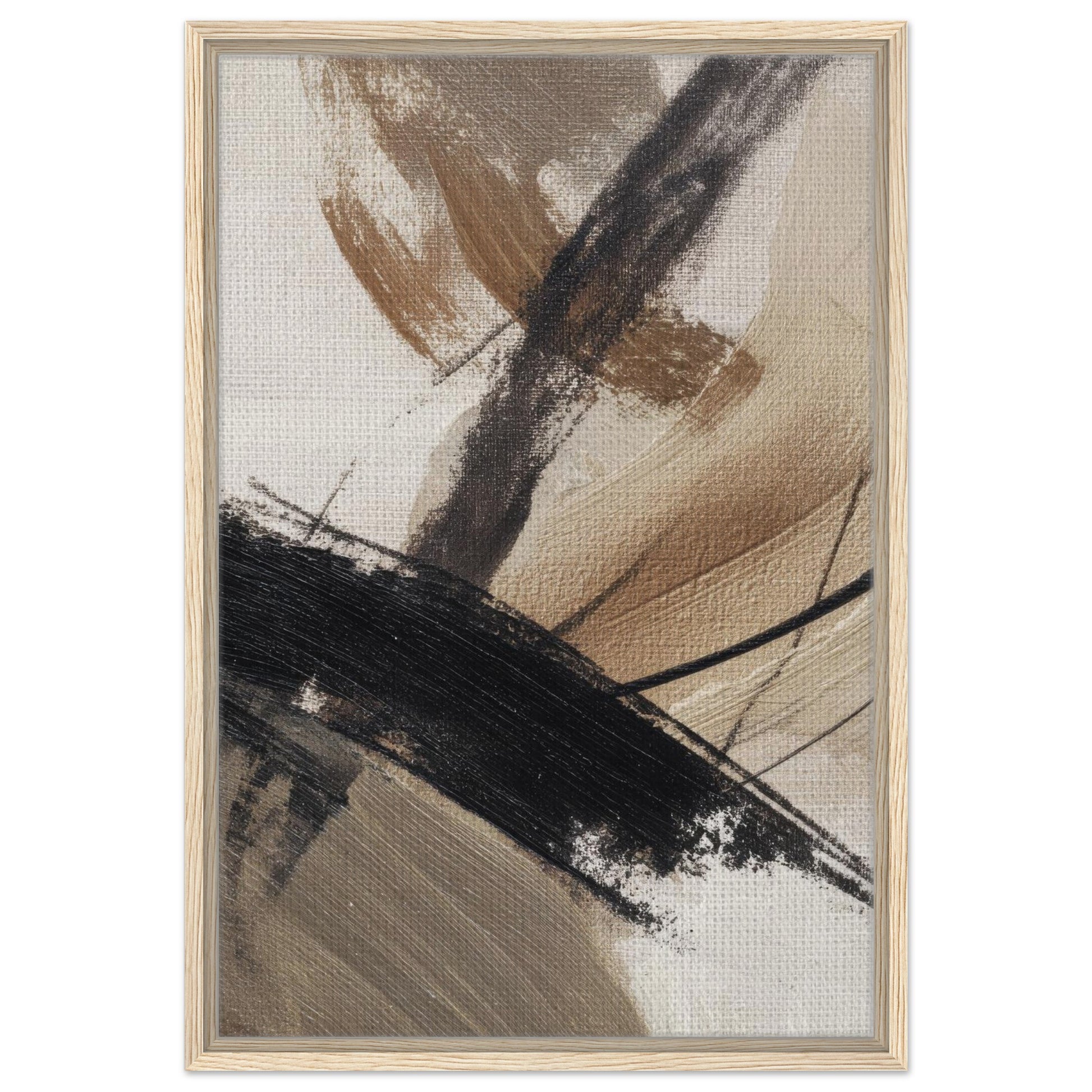 Neutral abstract canvas print in a light natural wood frame