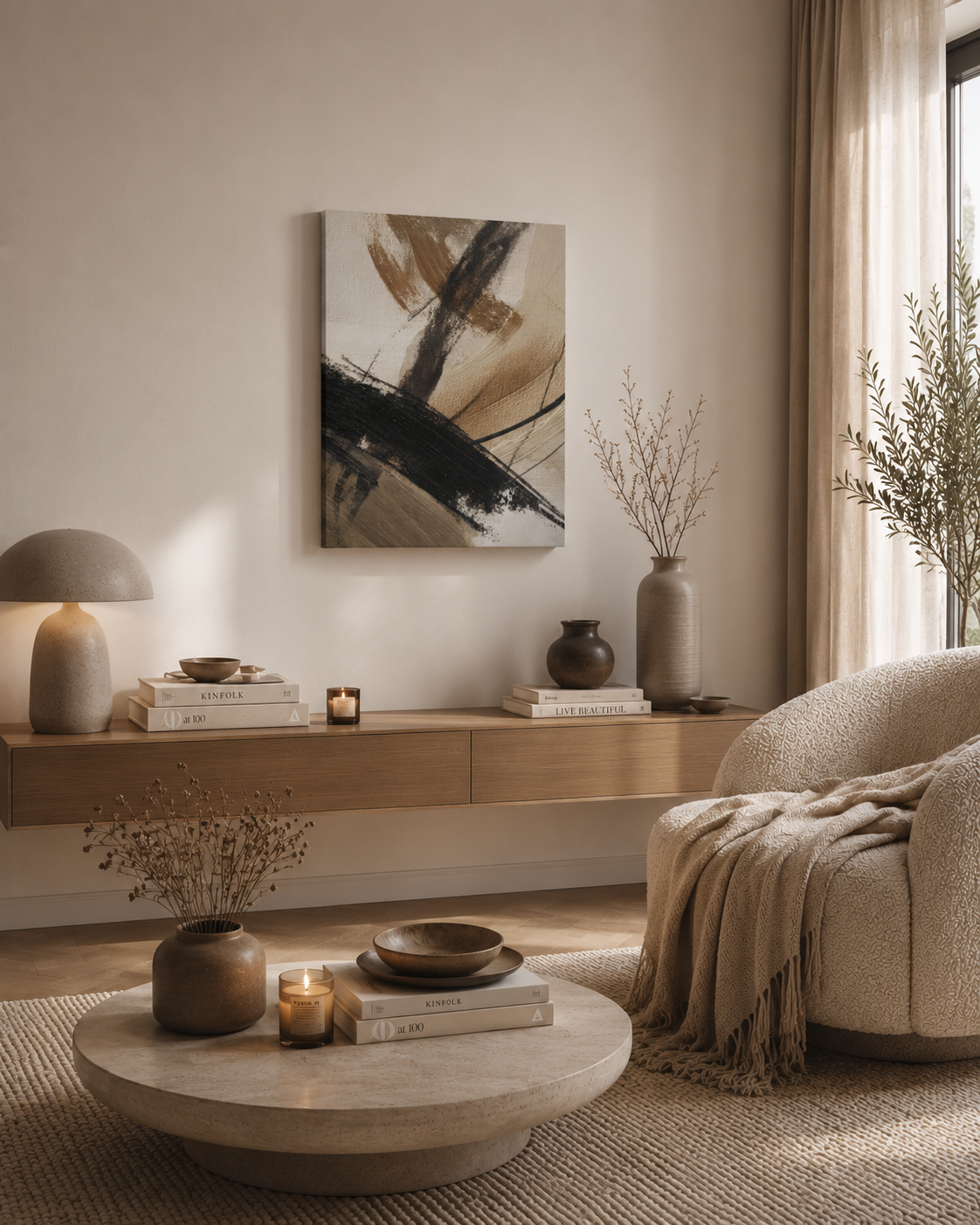 Neutral abstract canvas displayed in a bright Scandinavian living room with warm minimalist decor.