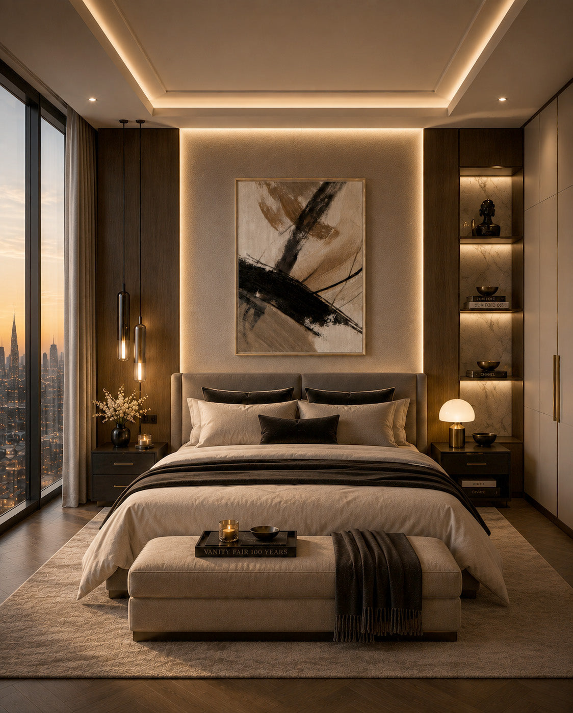 Neutral abstract framed canvas wall art above bed in a luxury modern bedroom