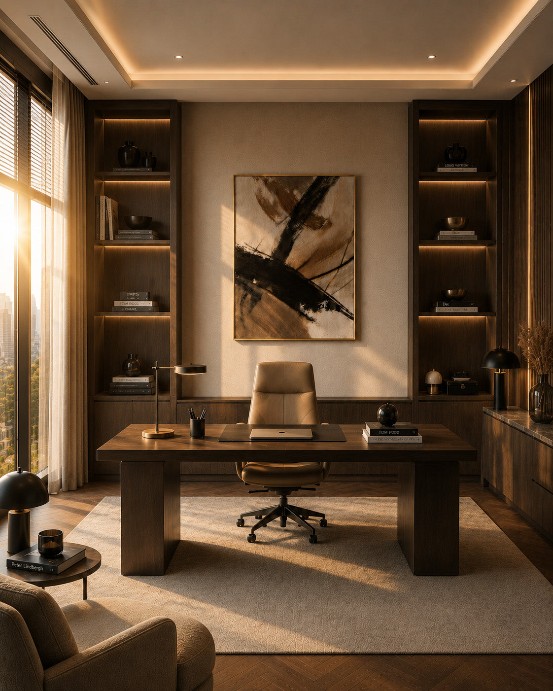 Neutral abstract framed canvas wall art in a luxury modern home office