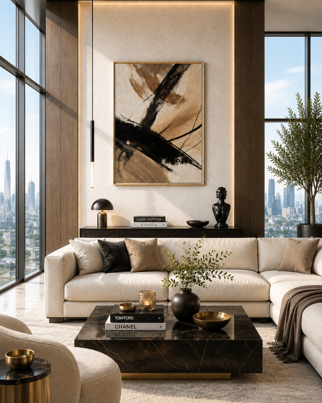 Neutral abstract framed canvas wall art in a luxury modern living room