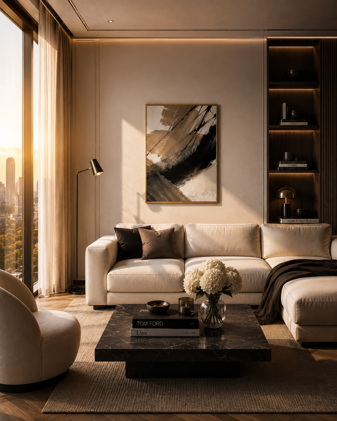 Neutral abstract framed canvas wall art in a modern luxury living room