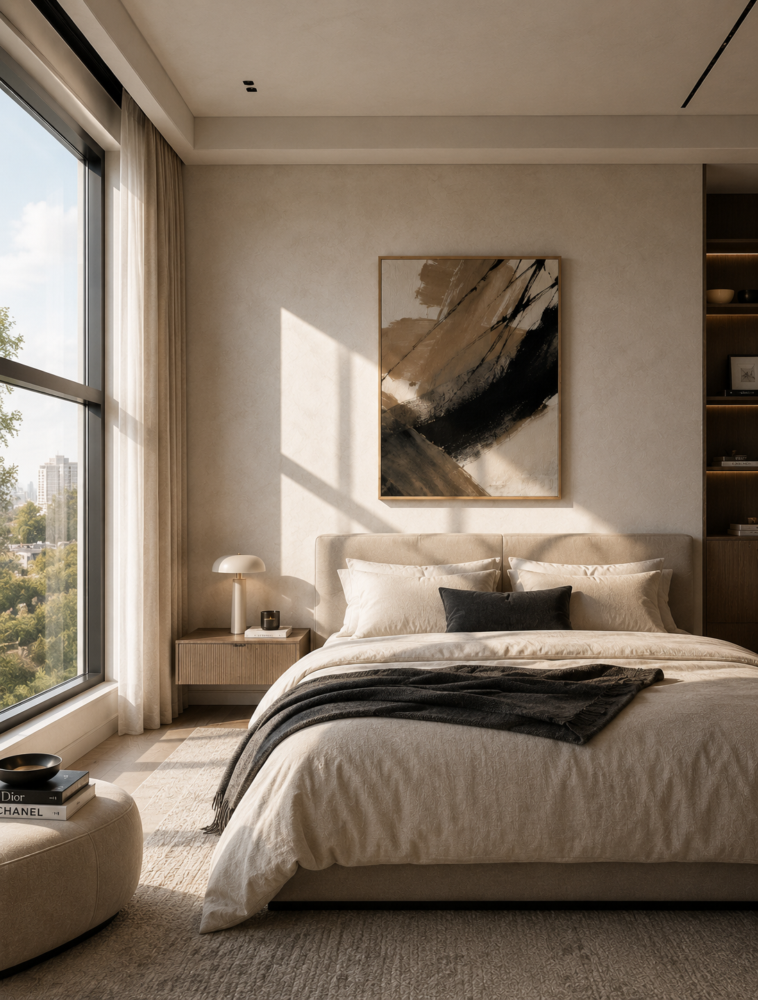 Neutral abstract framed canvas wall art above bed in a modern neutral bedroom