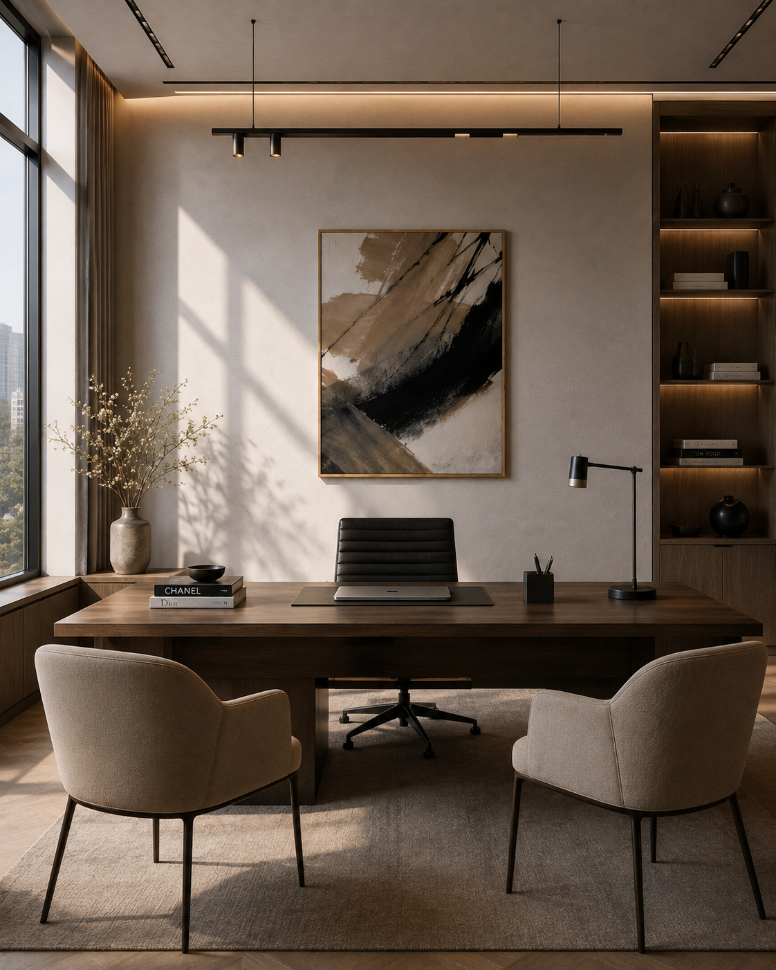 Neutral abstract framed canvas wall art in a modern luxury home office