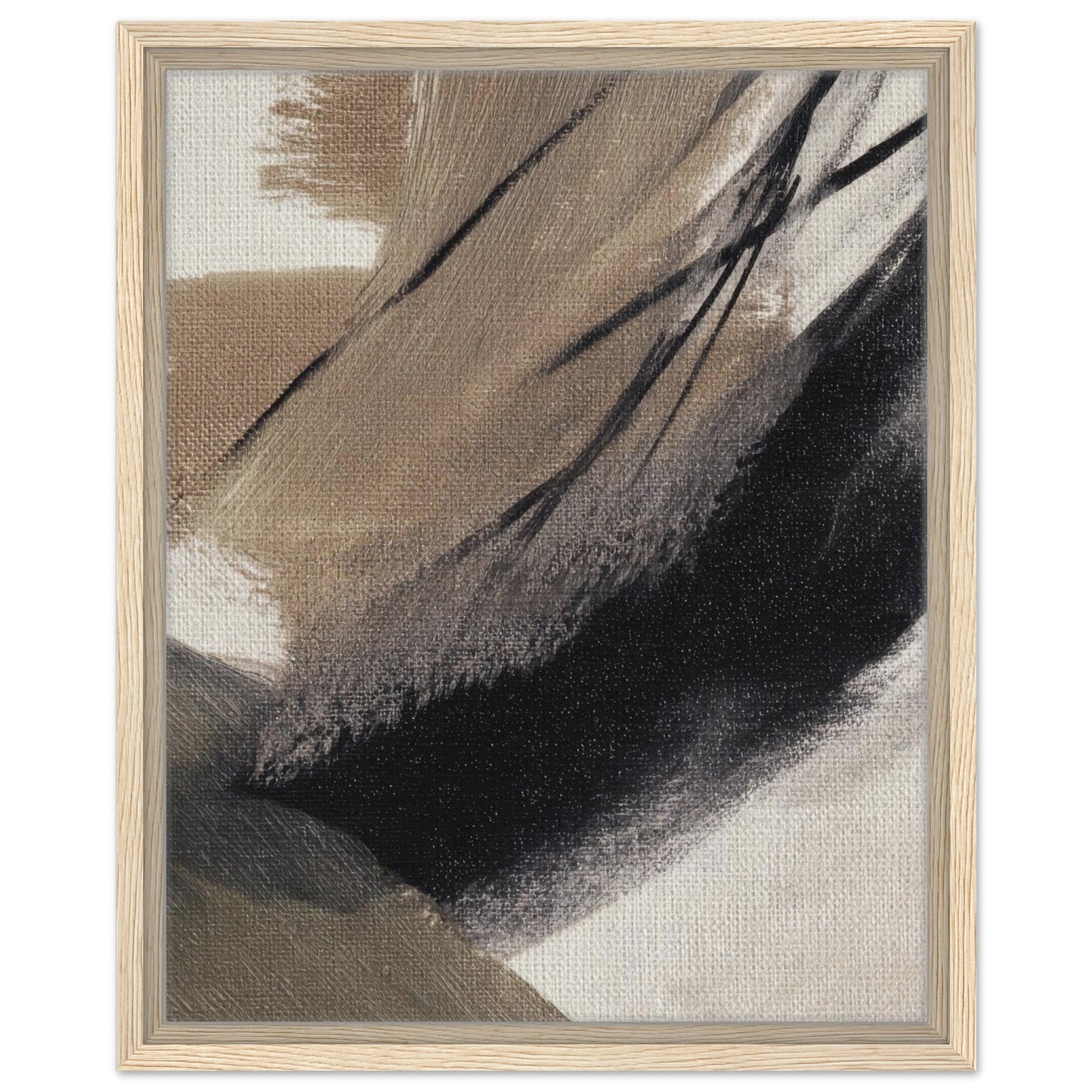 Neutral beige and black abstract canvas print in a natural wood frame